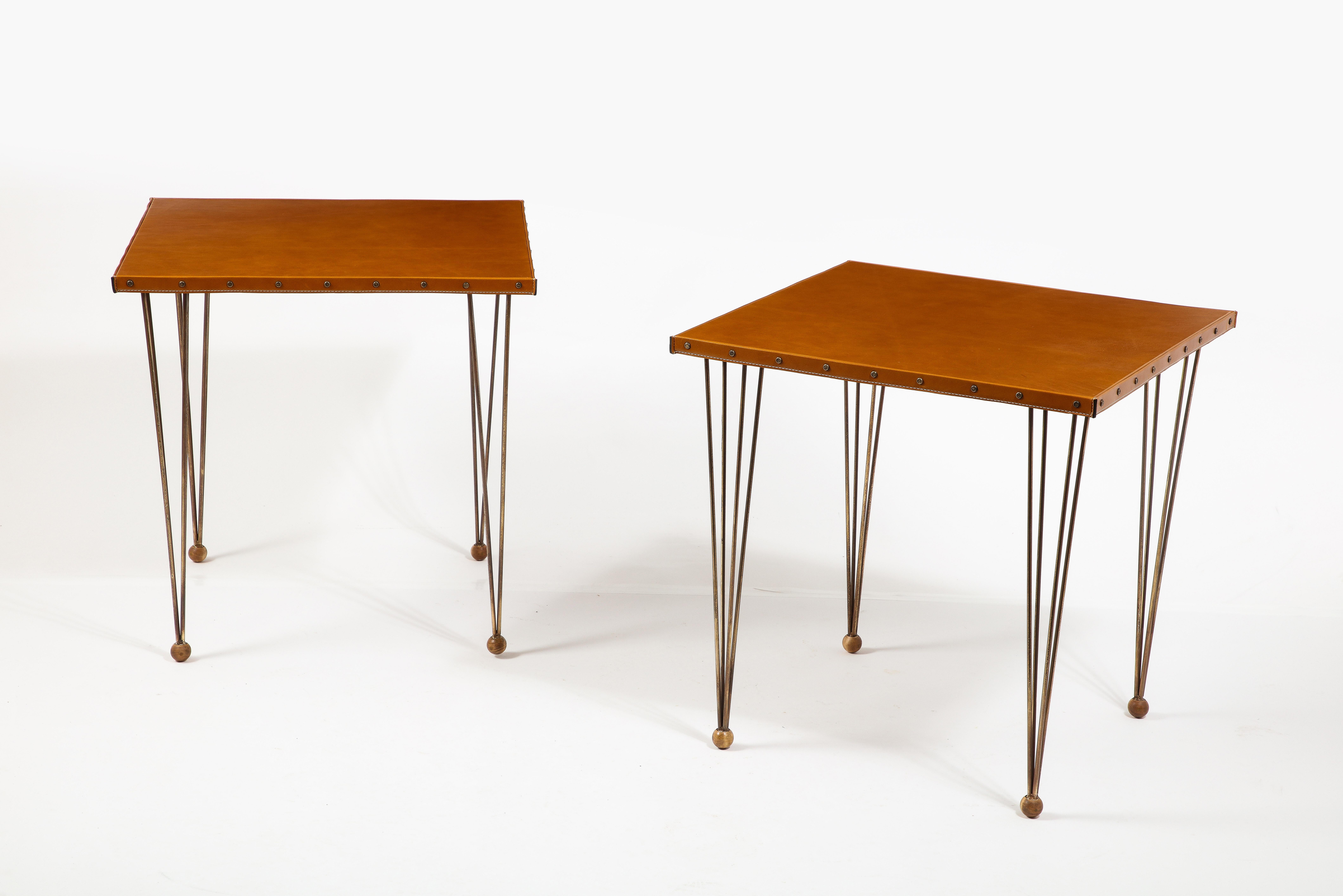 Jacques Adnet Brass & Leather End Tables, France 1950's 7