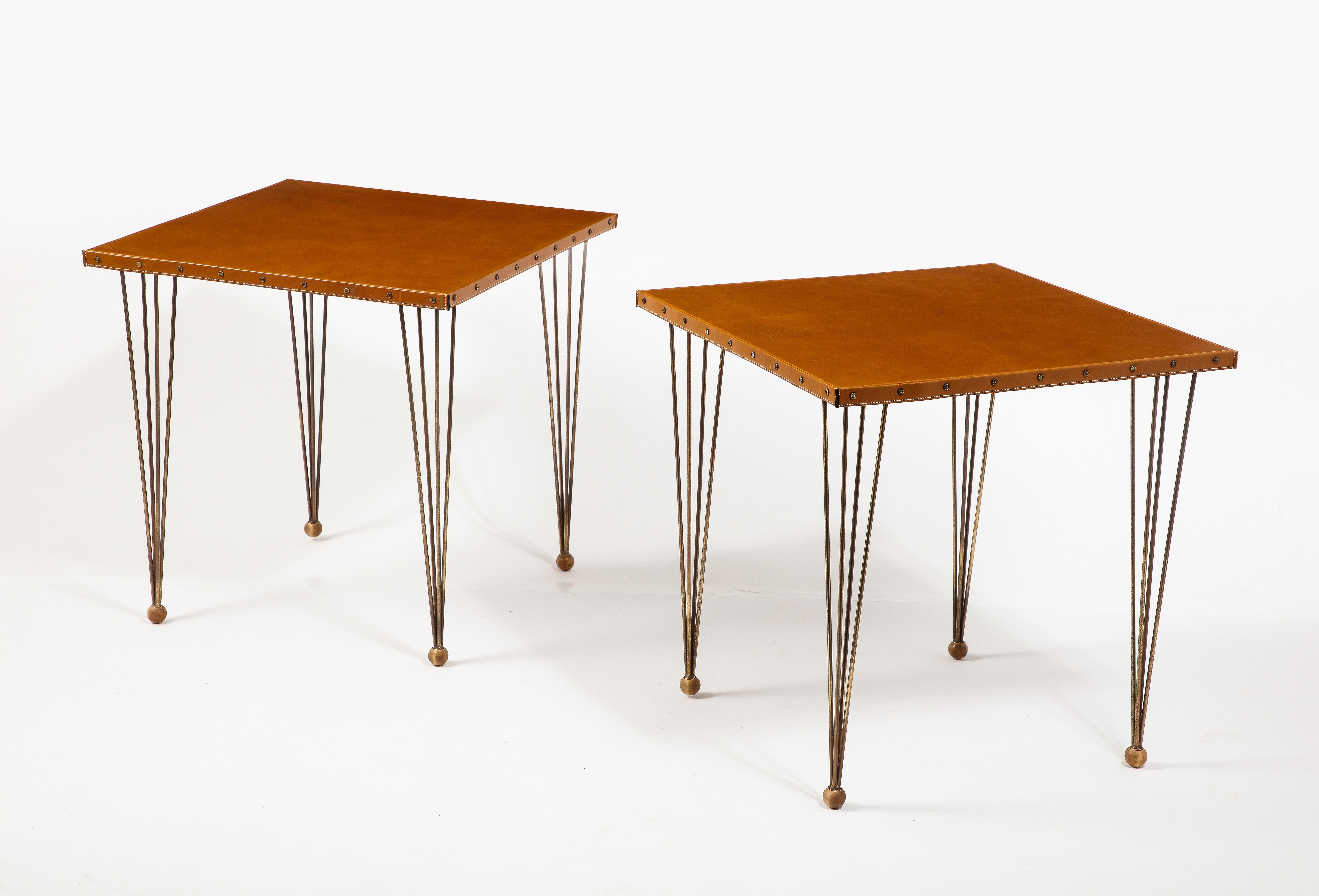Jacques Adnet Brass & Leather End Tables, France 1950's 8