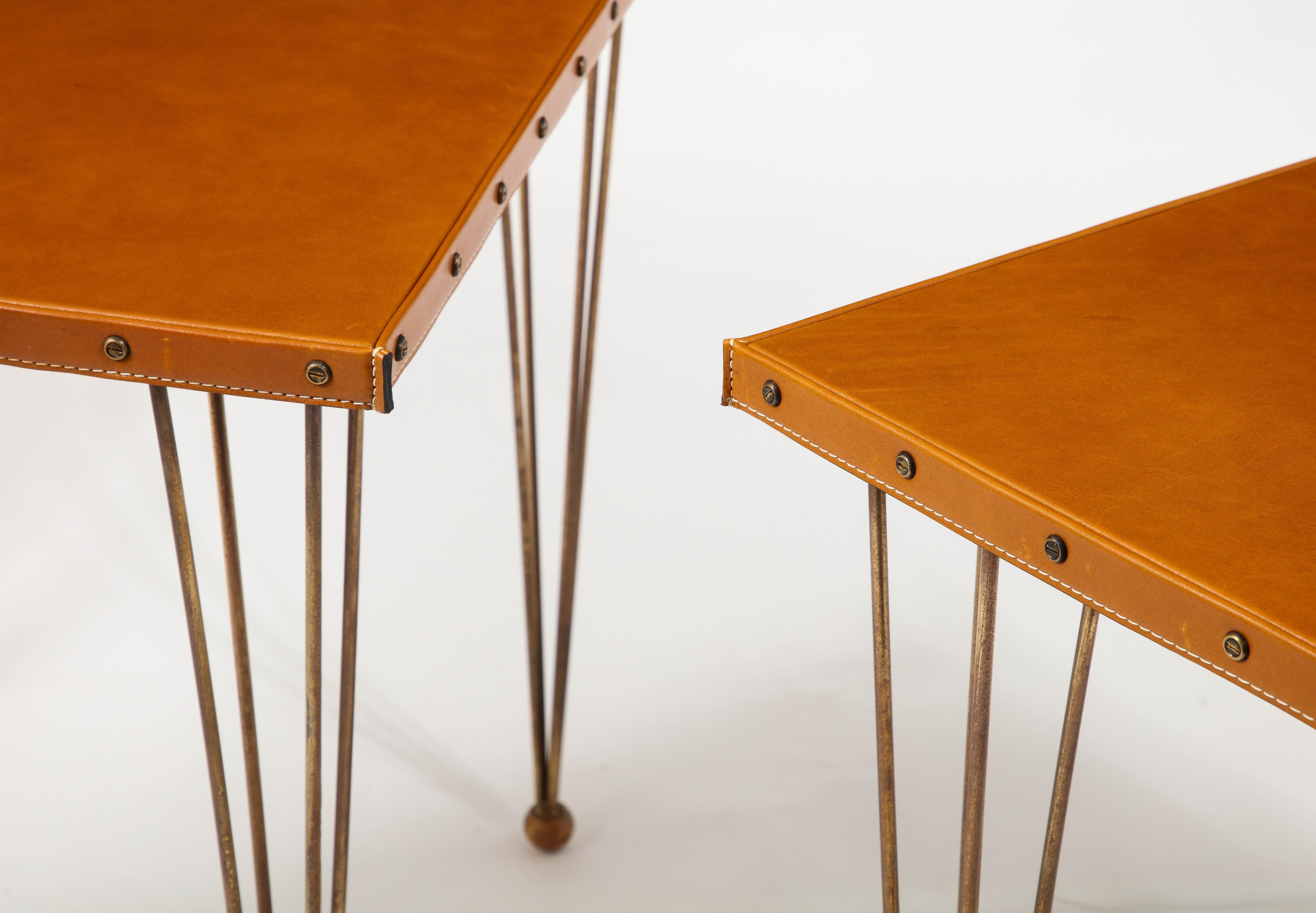 Jacques Adnet Brass & Leather End Tables, France 1950's 9