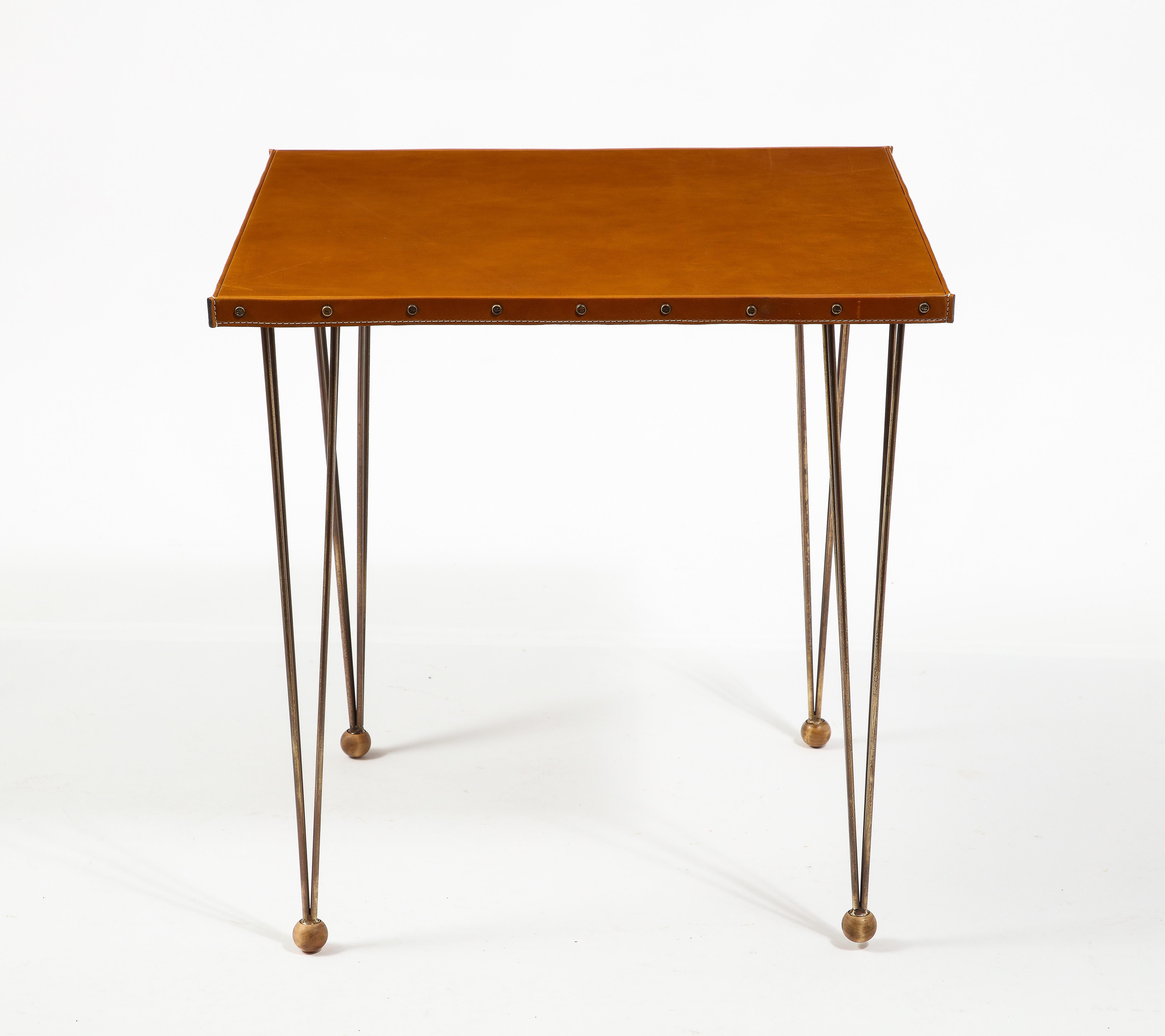 Jacques Adnet Brass & Leather End Tables, France 1950's 10