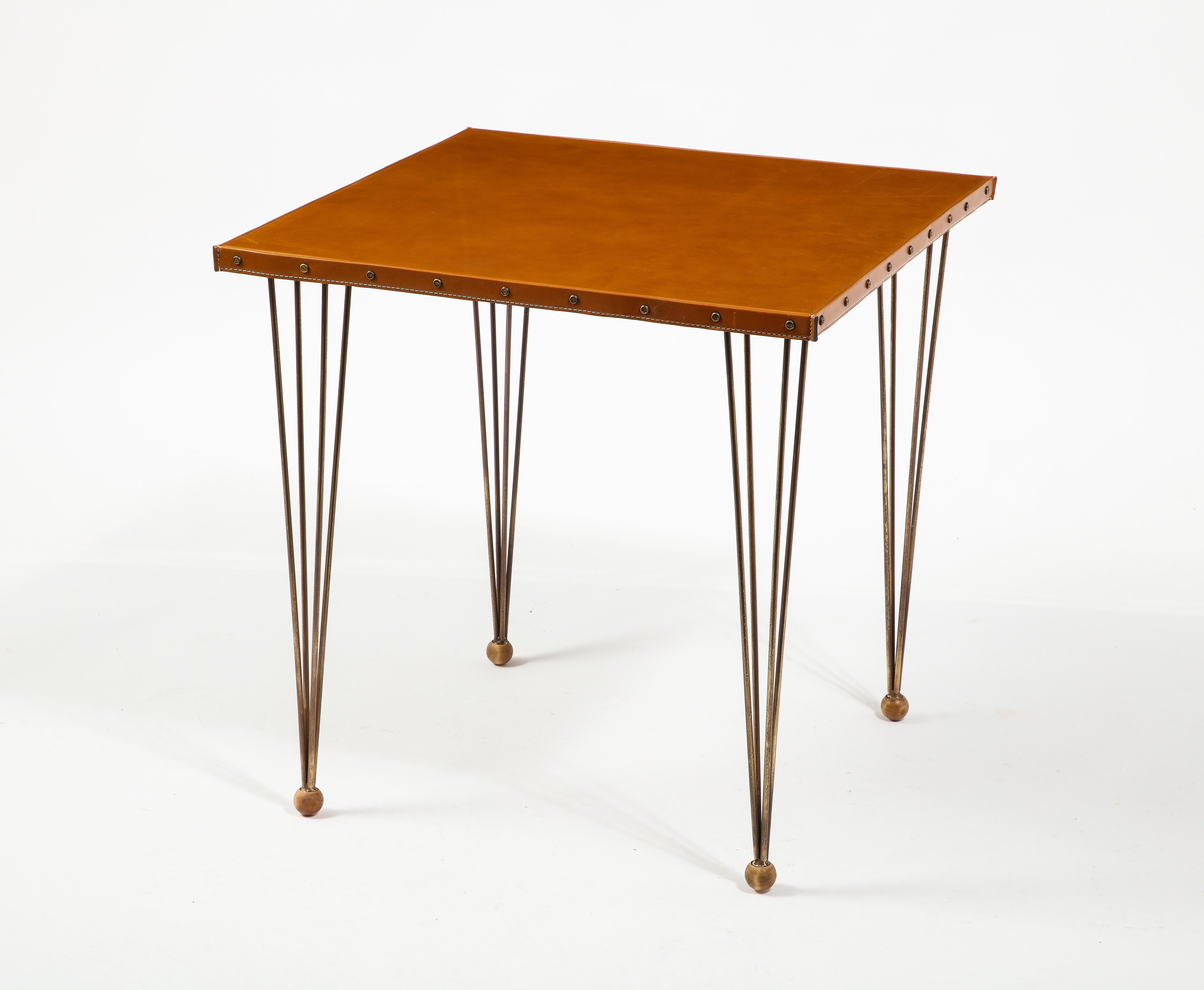 Jacques Adnet Brass & Leather End Tables, France 1950's 11