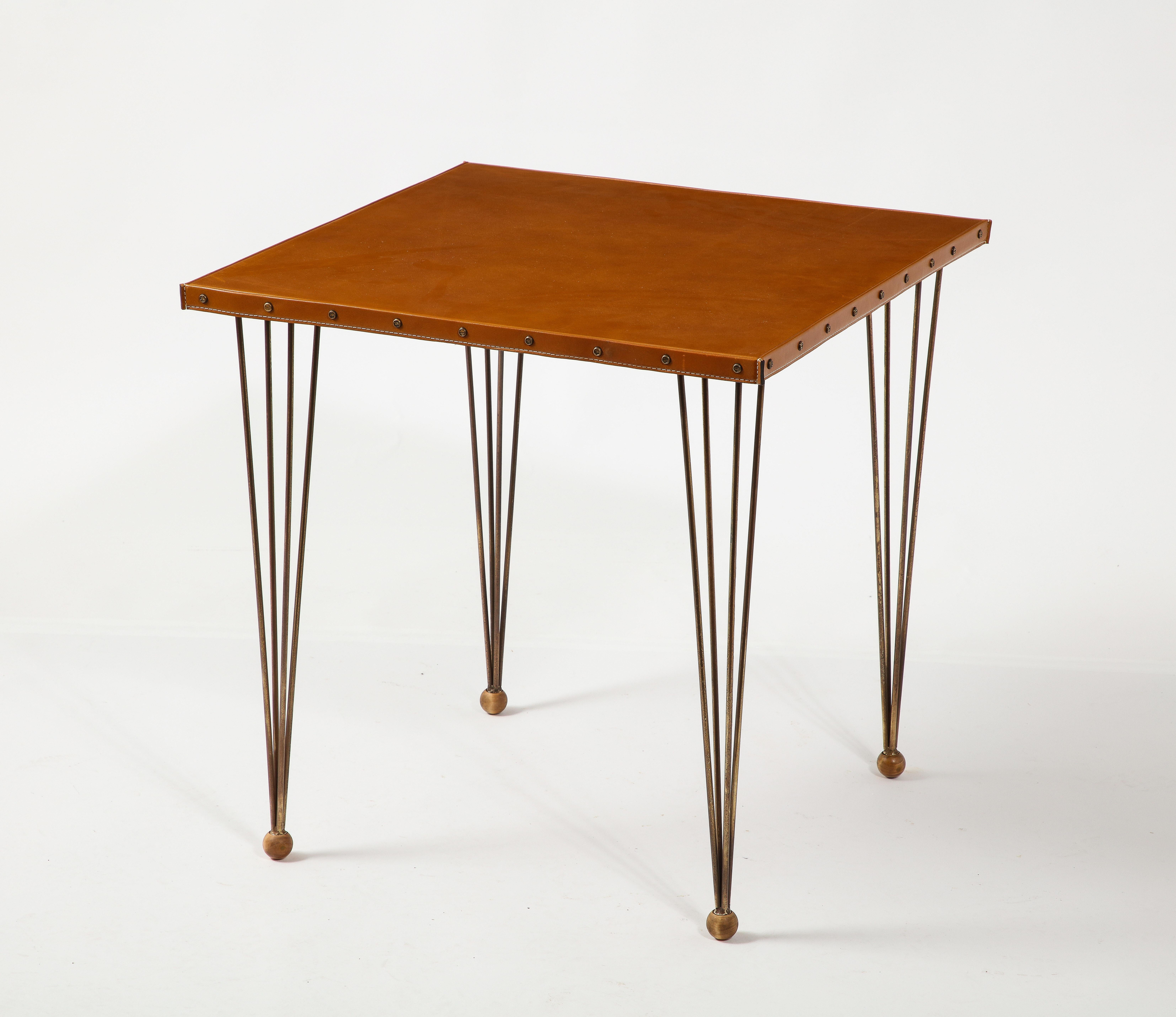 Modern Jacques Adnet Brass & Leather End Tables, France 1950's