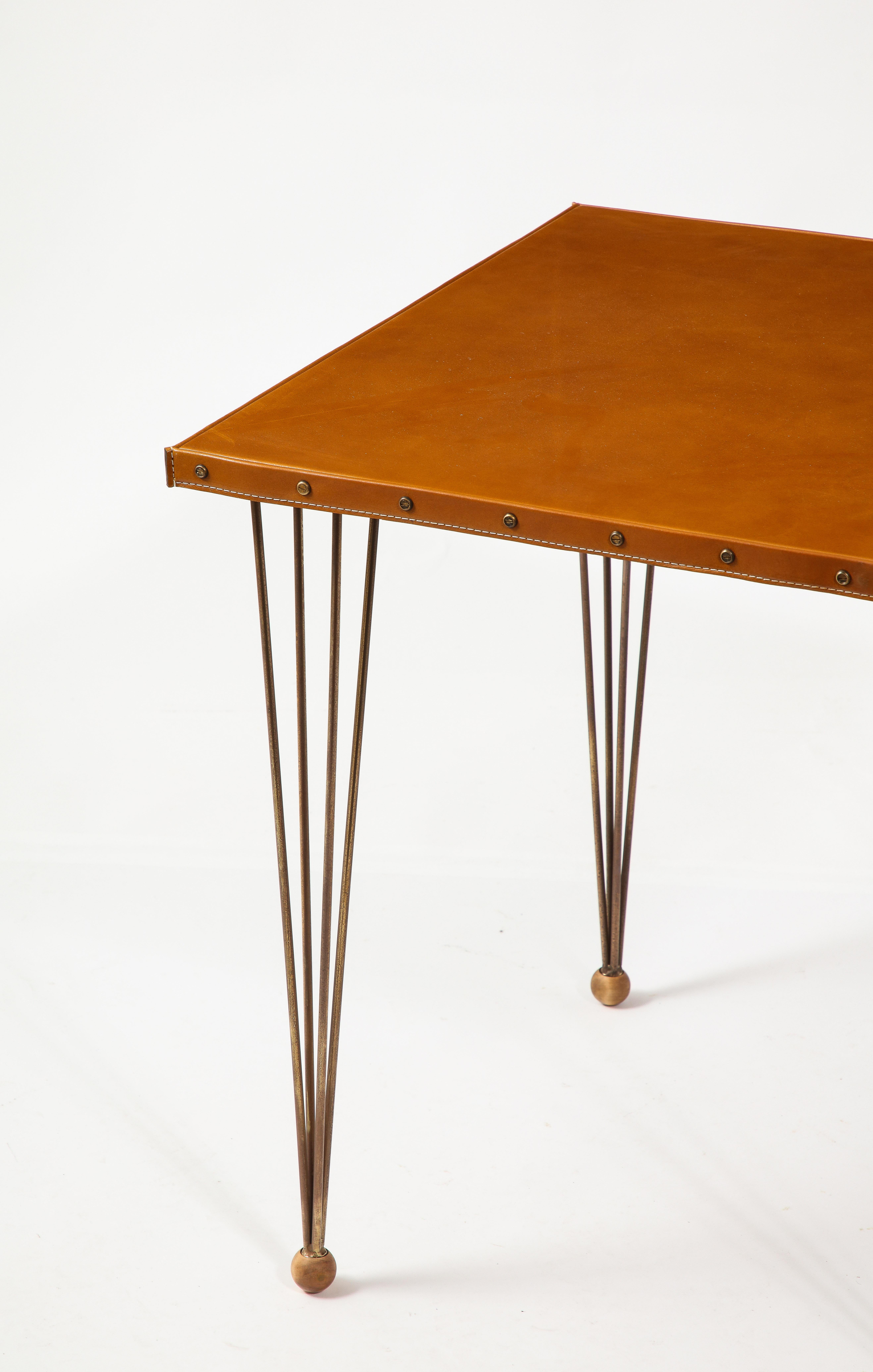 French Jacques Adnet Brass & Leather End Tables, France 1950's