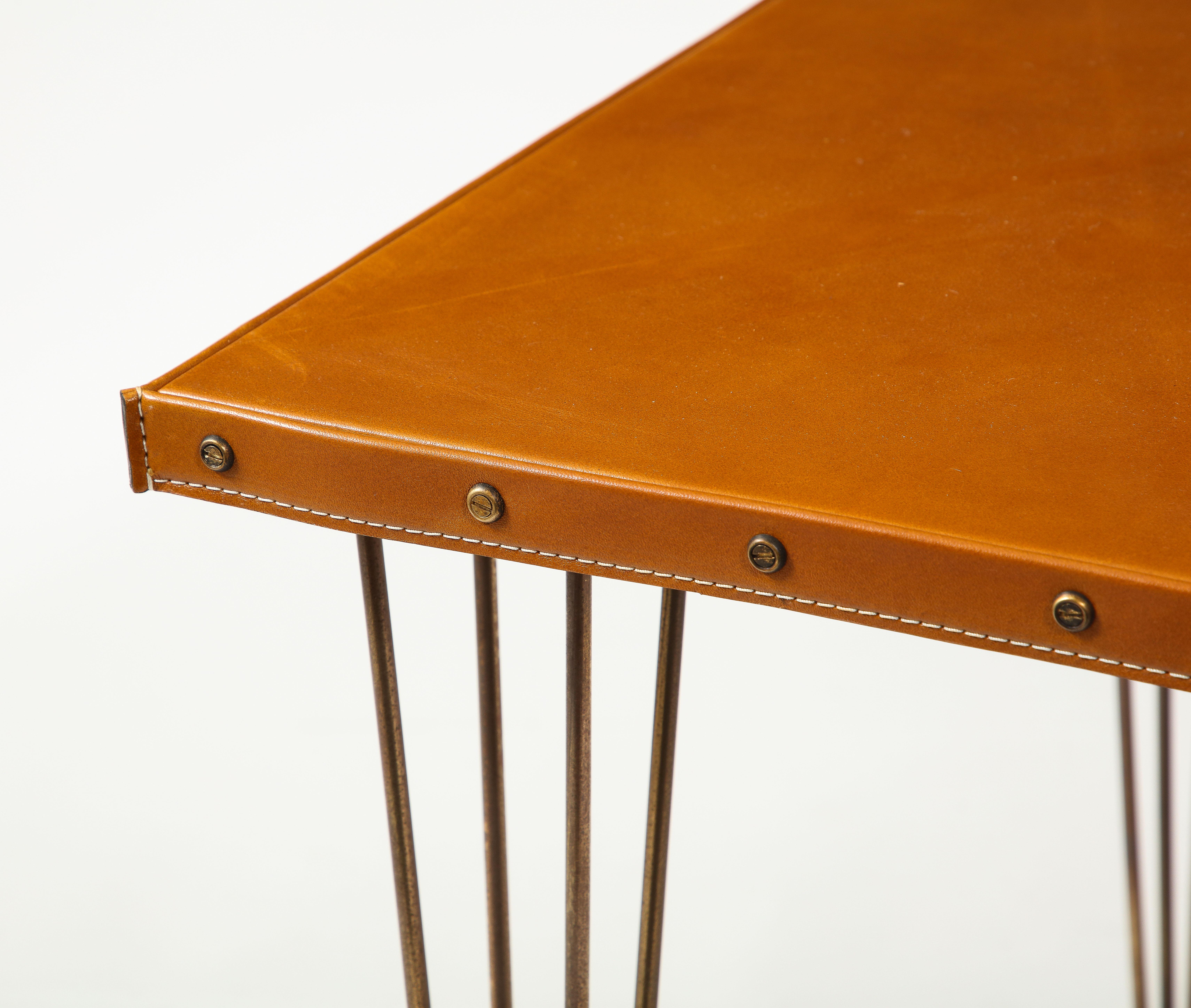 20th Century Jacques Adnet Brass & Leather End Tables, France 1950's
