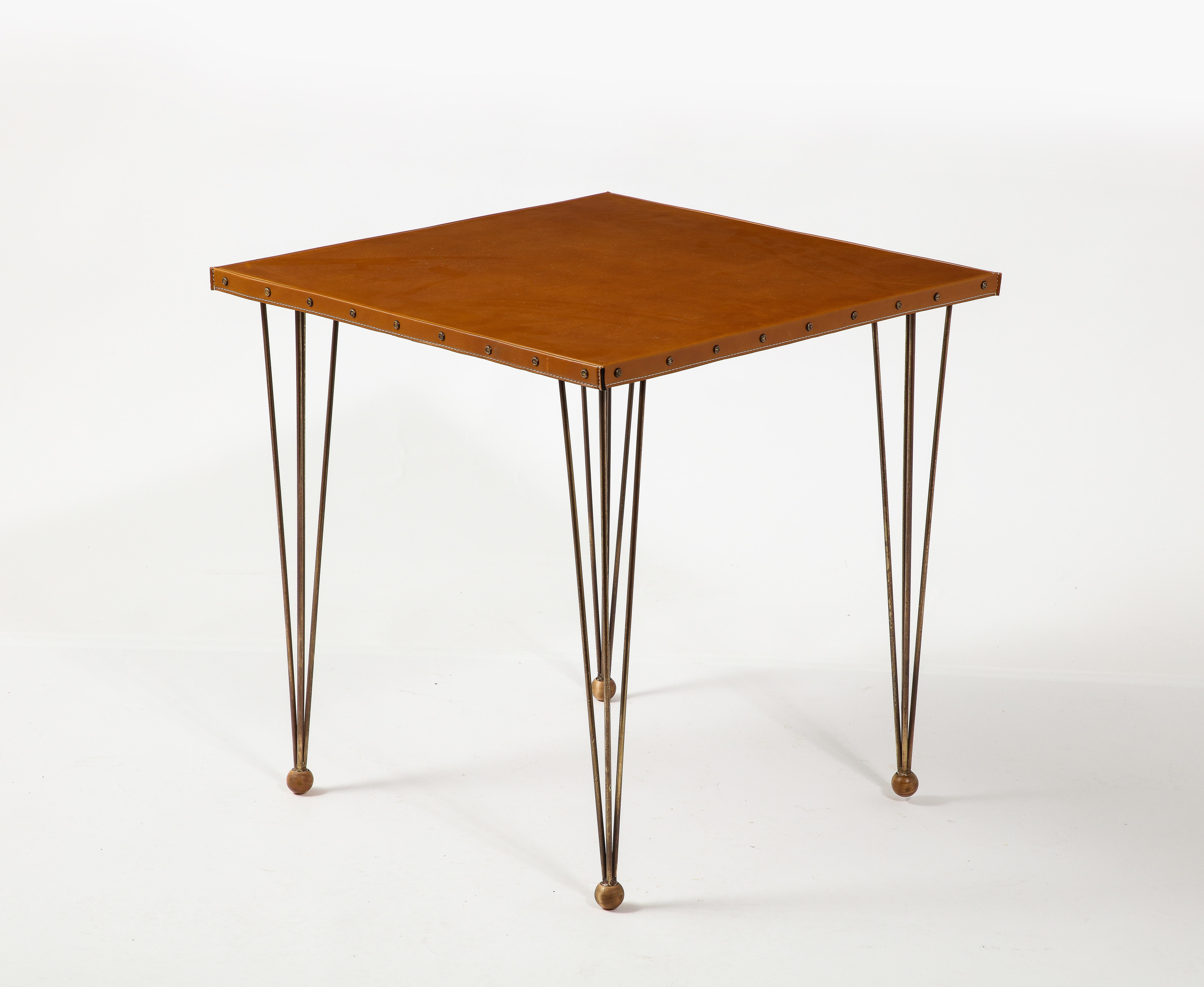 Jacques Adnet Brass & Leather End Tables, France 1950's 1