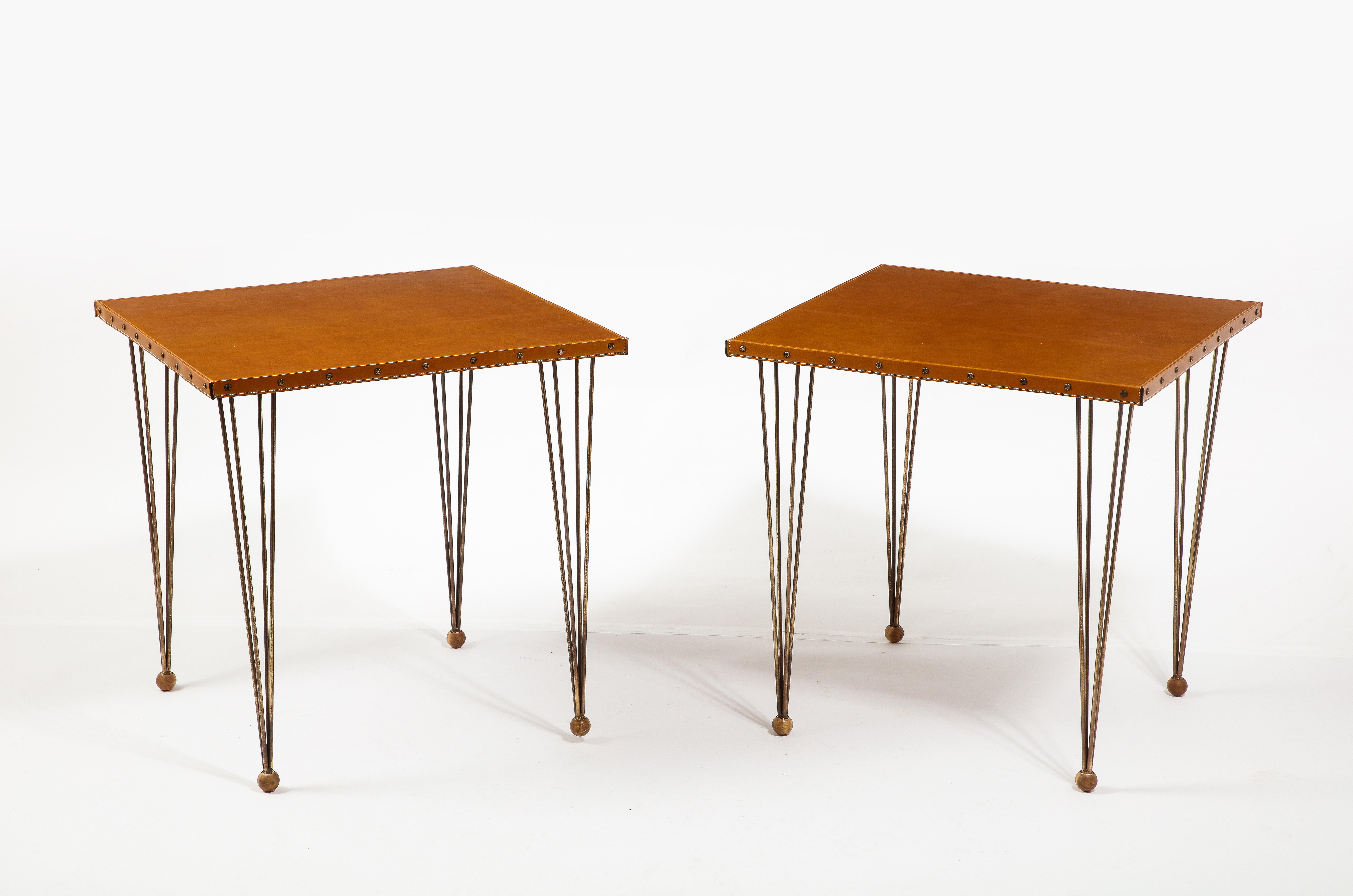 Jacques Adnet Brass & Leather End Tables, France 1950's 2