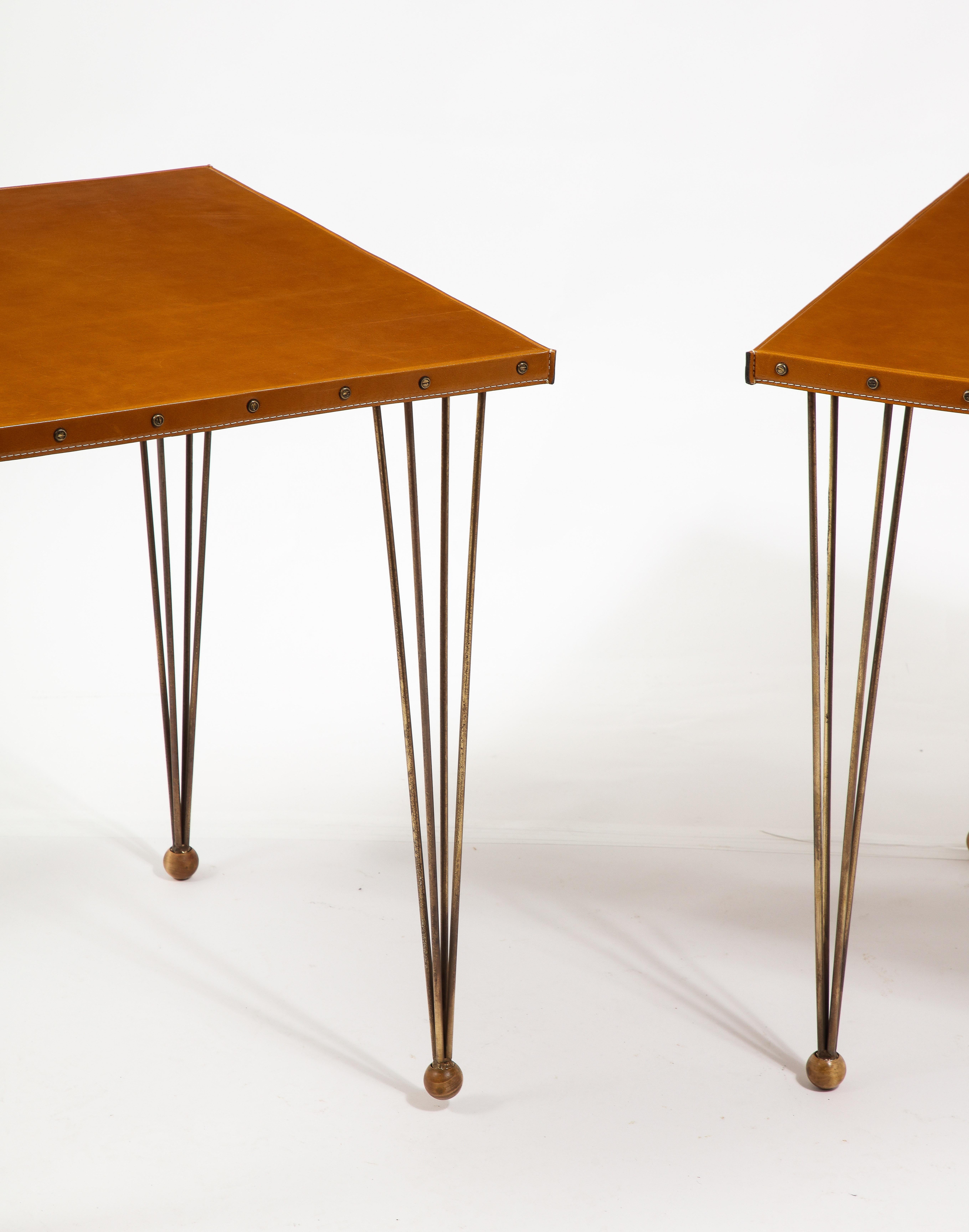 Jacques Adnet Brass & Leather End Tables, France 1950's 3