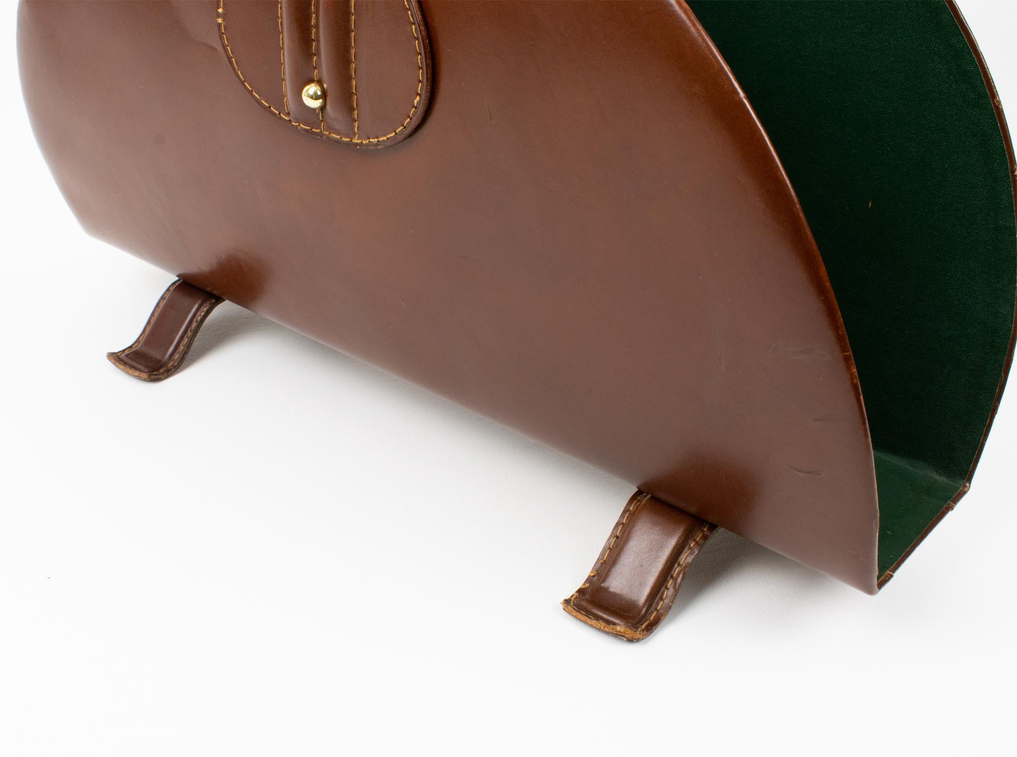 Jacques Adnet Brown Hand-Stitched Leather and Brass Magazine Rack Holder, 1950s For Sale 6