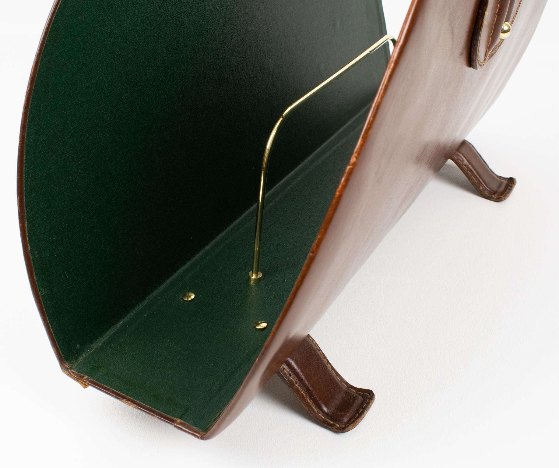 Jacques Adnet Brown Hand-Stitched Leather and Brass Magazine Rack Holder, 1950s For Sale 8