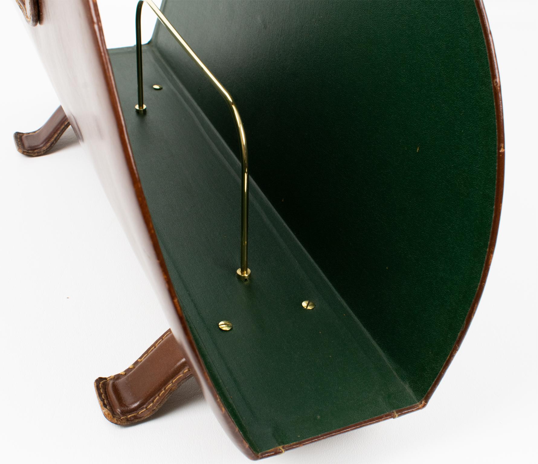 Jacques Adnet Brown Hand-Stitched Leather and Brass Magazine Rack Holder, 1950s For Sale 9