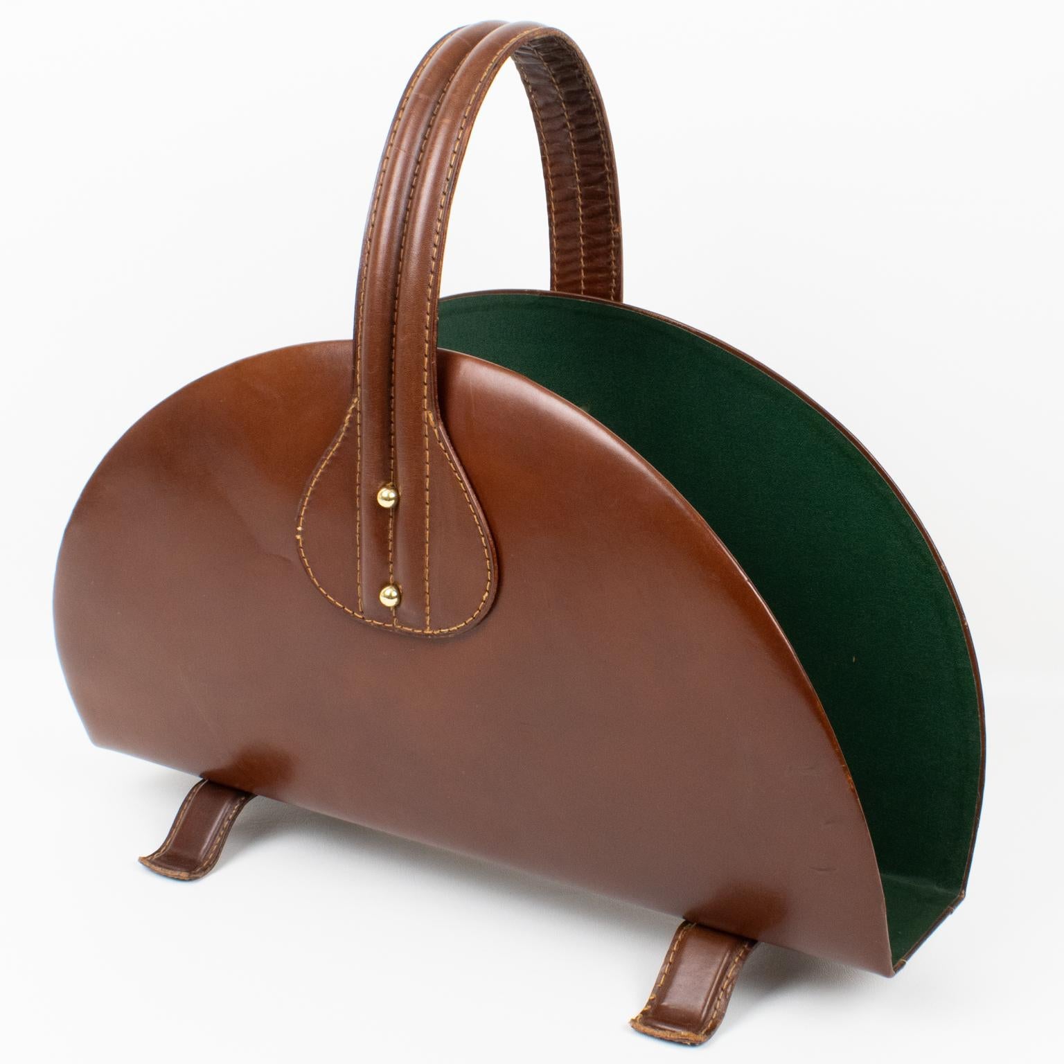 French Jacques Adnet Brown Hand-Stitched Leather and Brass Magazine Rack Holder, 1950s For Sale
