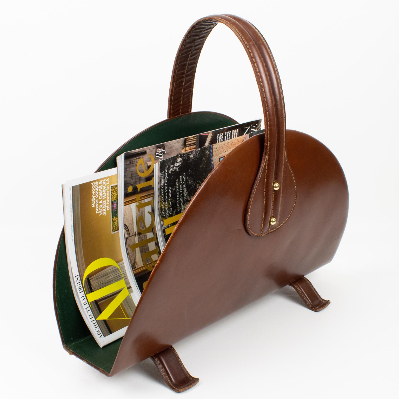 Mid-20th Century Jacques Adnet Brown Hand-Stitched Leather and Brass Magazine Rack Holder, 1950s For Sale