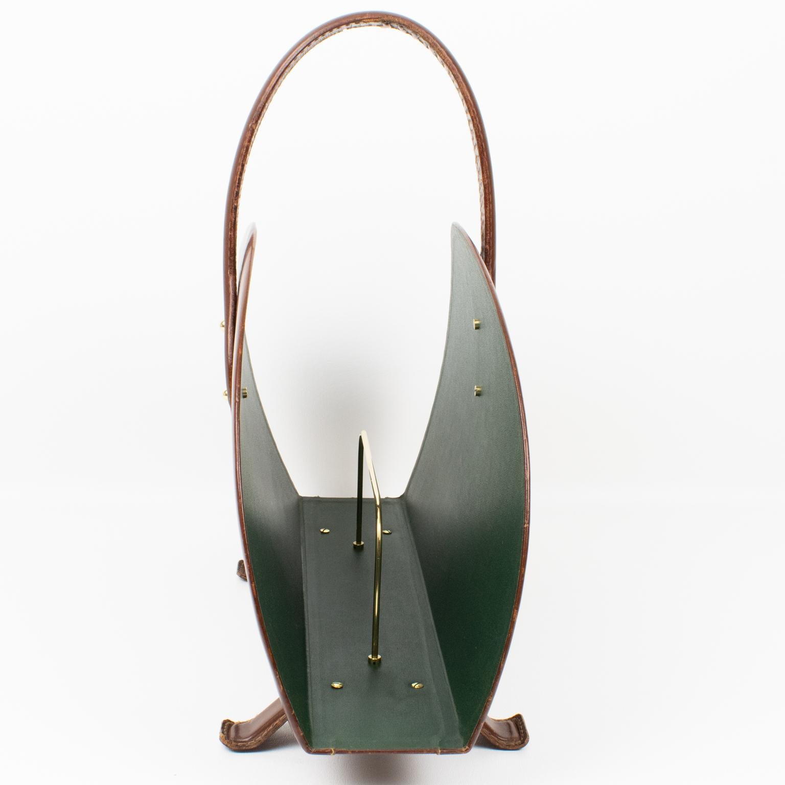 Metal Jacques Adnet Brown Hand-Stitched Leather and Brass Magazine Rack Holder, 1950s For Sale