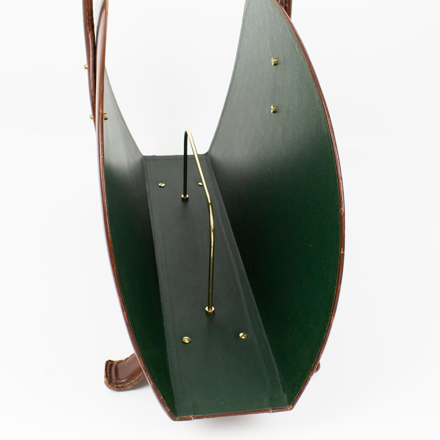 Jacques Adnet Brown Hand-Stitched Leather and Brass Magazine Rack Holder, 1950s For Sale 1