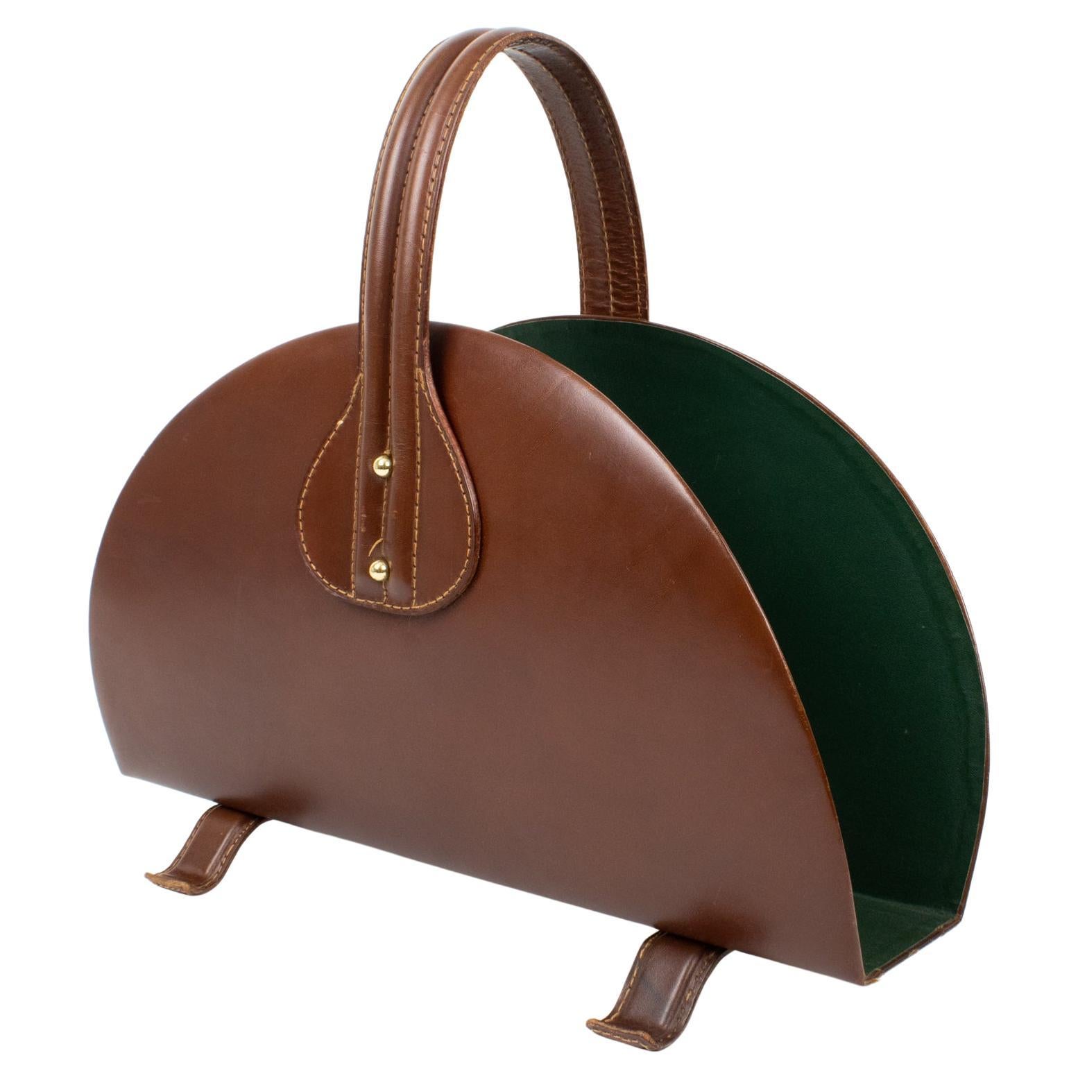 Jacques Adnet Brown Hand-Stitched Leather and Brass Magazine Rack Holder, 1950s For Sale