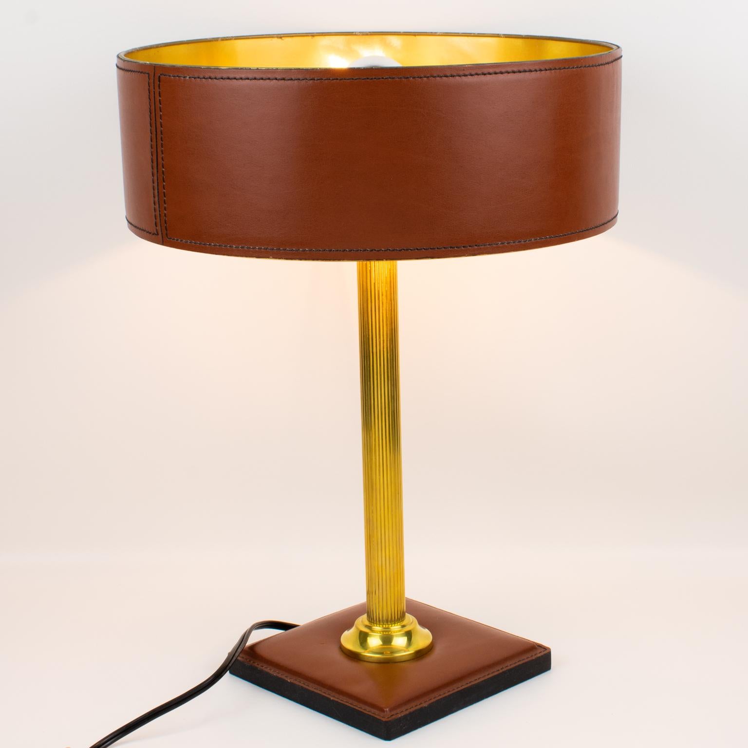 Jacques Adnet Brown Hand-Stitched Leather-Clad Table Lamp For Sale 5
