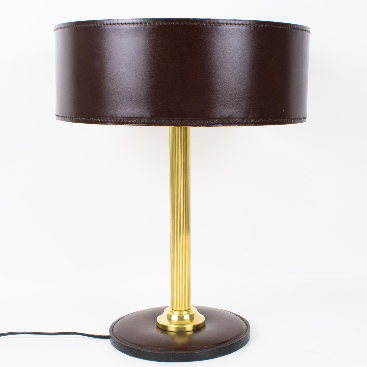 Jacques Adnet Brown Hand-Stitched Leather-Clad Table Lamp For Sale 6
