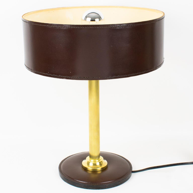 Mid-Century Modern Jacques Adnet Brown Hand-Stitched Leather-Clad Table Lamp For Sale