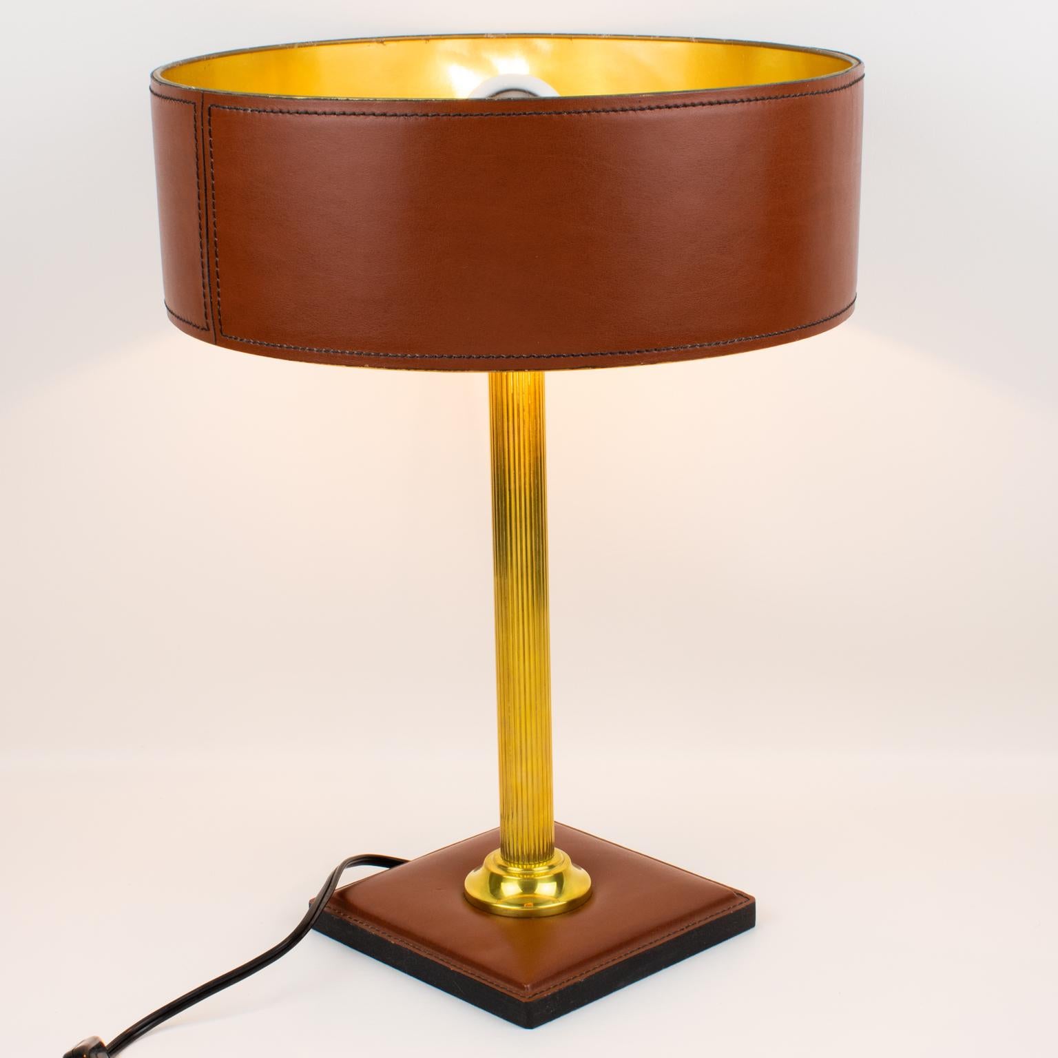 Mid-Century Modern Jacques Adnet Brown Hand-Stitched Leather-Clad Table Lamp For Sale