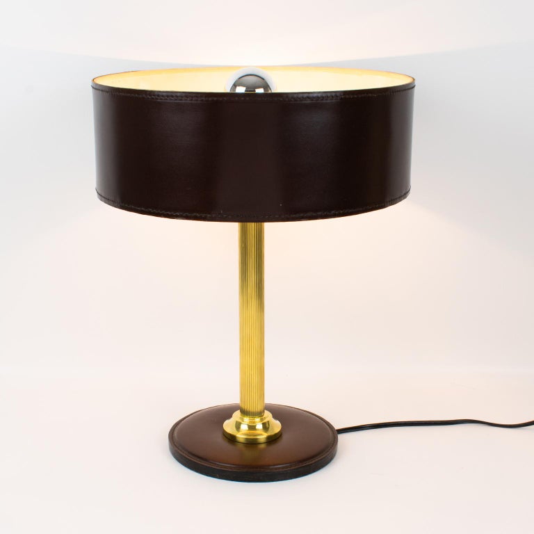 French Jacques Adnet Brown Hand-Stitched Leather-Clad Table Lamp For Sale