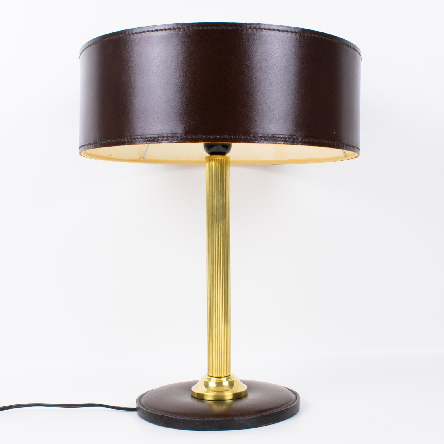 Jacques Adnet Brown Hand-Stitched Leather-Clad Table Lamp In Good Condition For Sale In Atlanta, GA