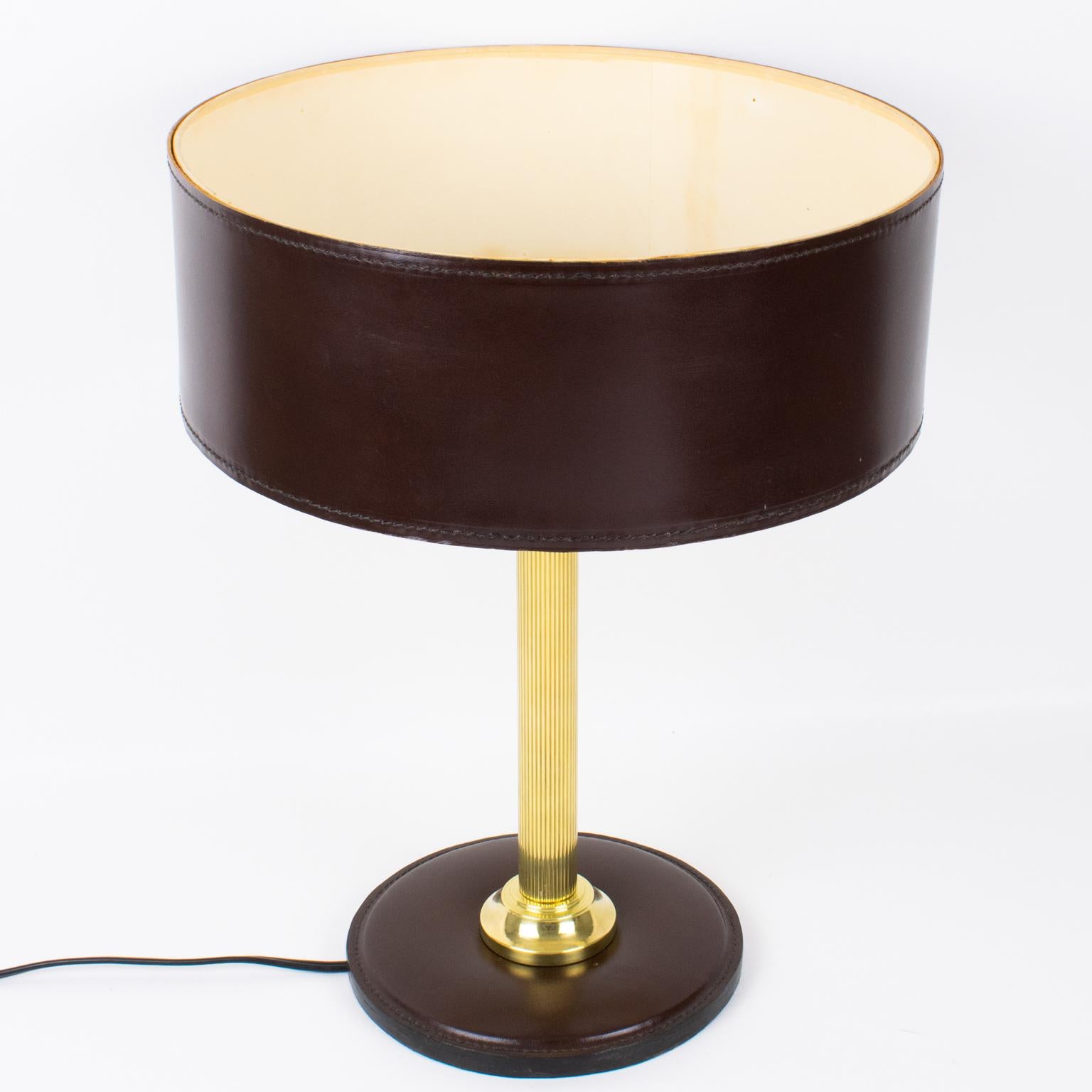 Mid-20th Century Jacques Adnet Brown Hand-Stitched Leather-Clad Table Lamp For Sale