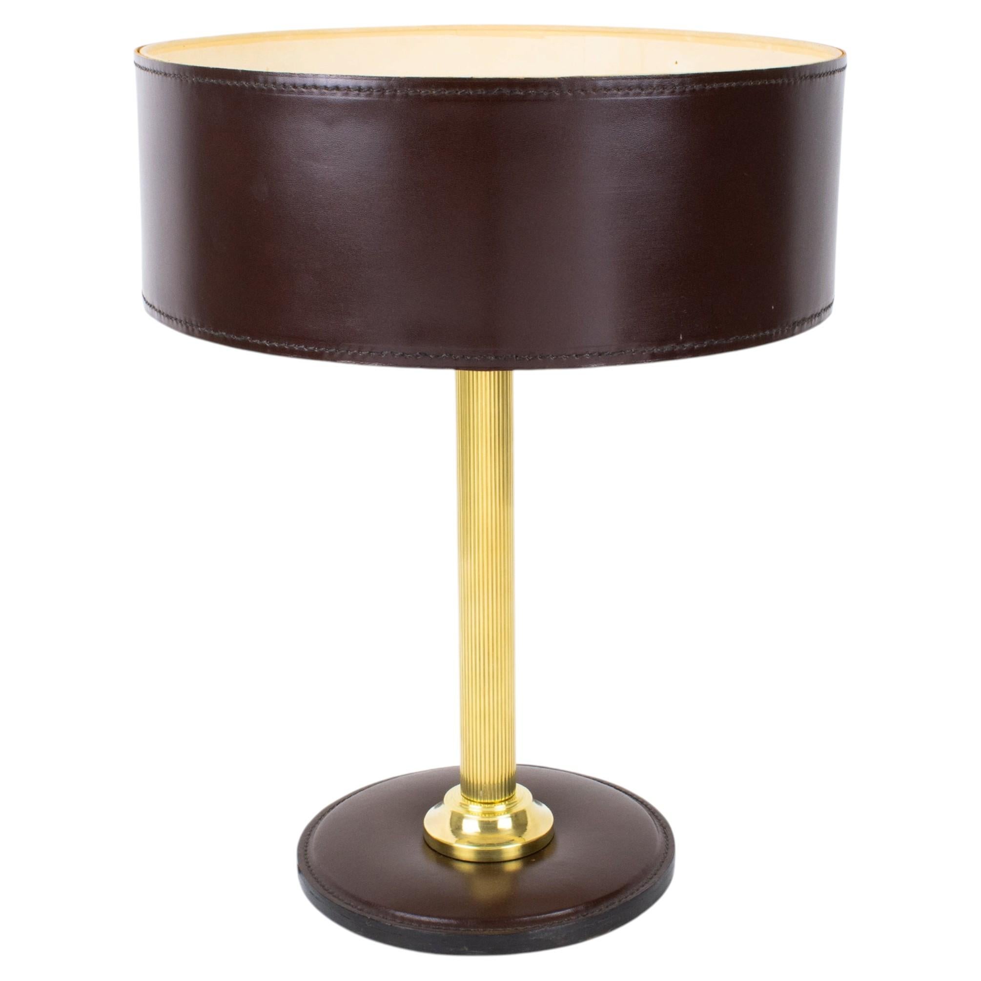 Jacques Adnet Lampada da tavolo in pelle marrone cucita a mano in vendita