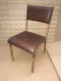 Jacques Adnet Brown Leather and Bambou Style Legs Chair, French, 1950