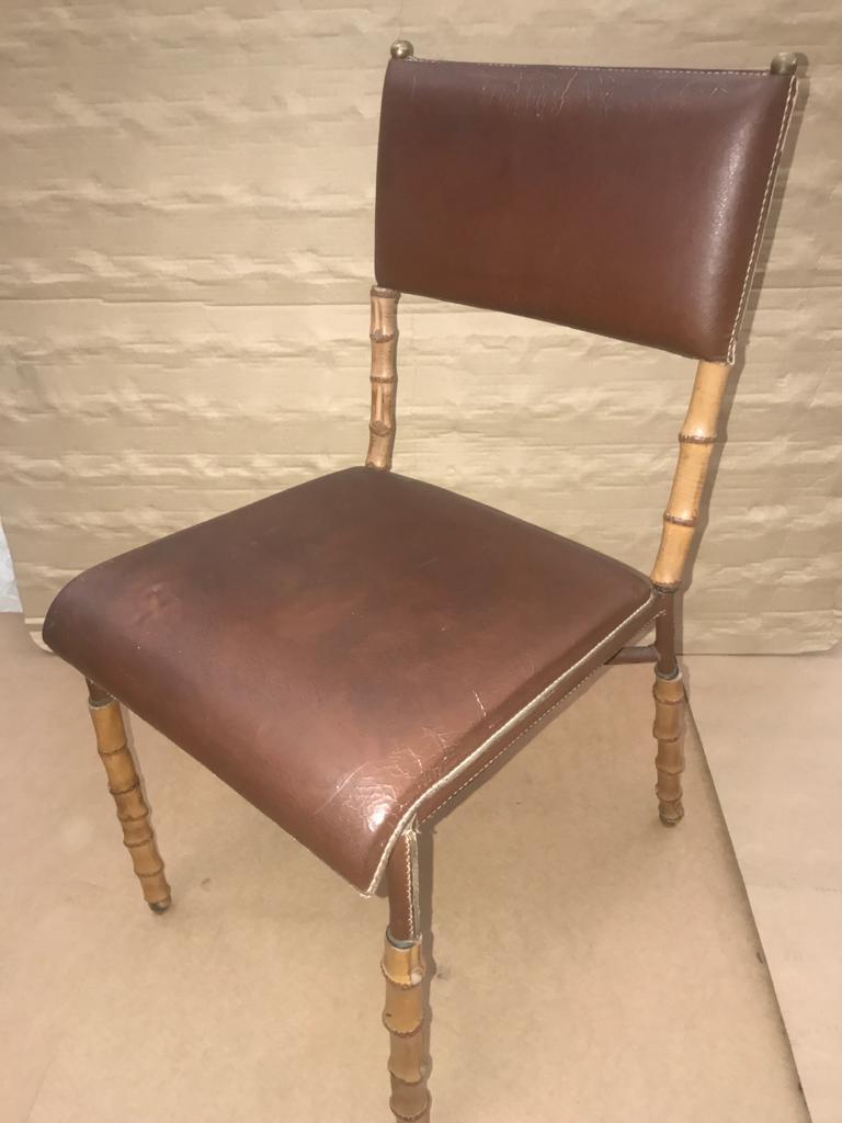 Mid-Century Modern Jacques Adnet Brown Leather and Bambou Style Legs Chair, French, 1950 For Sale