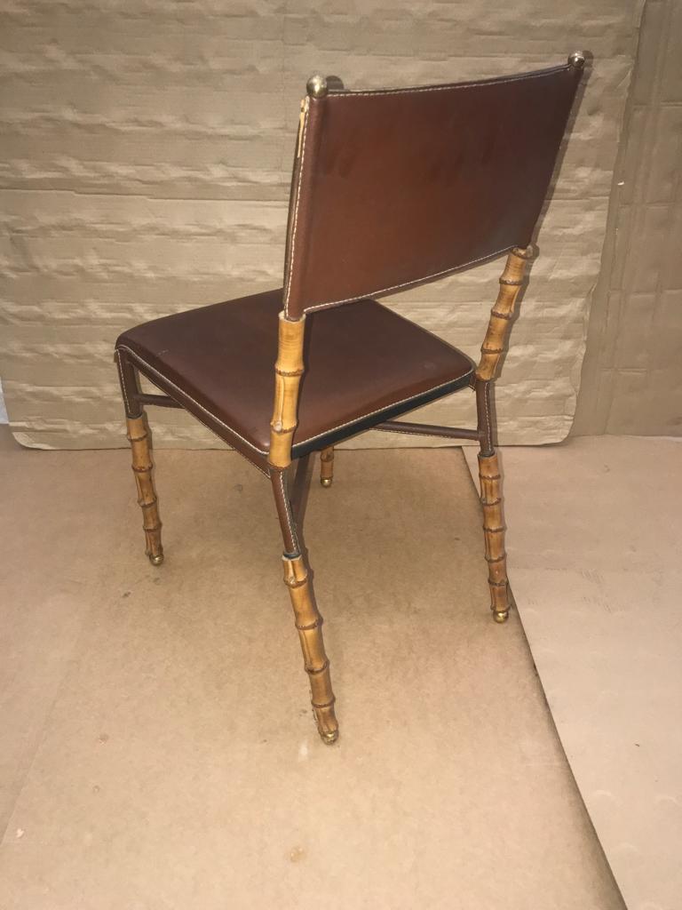 Jacques Adnet Brown Leather and Bambou Style Legs Chair, French, 1950 In Good Condition For Sale In Aix En Provence, FR