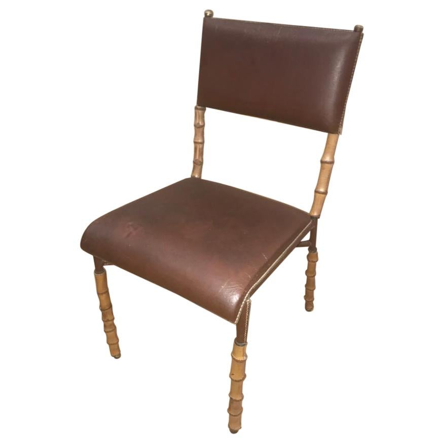 Jacques Adnet Brown Leather and Bambou Style Legs Chair, French, 1950 For Sale