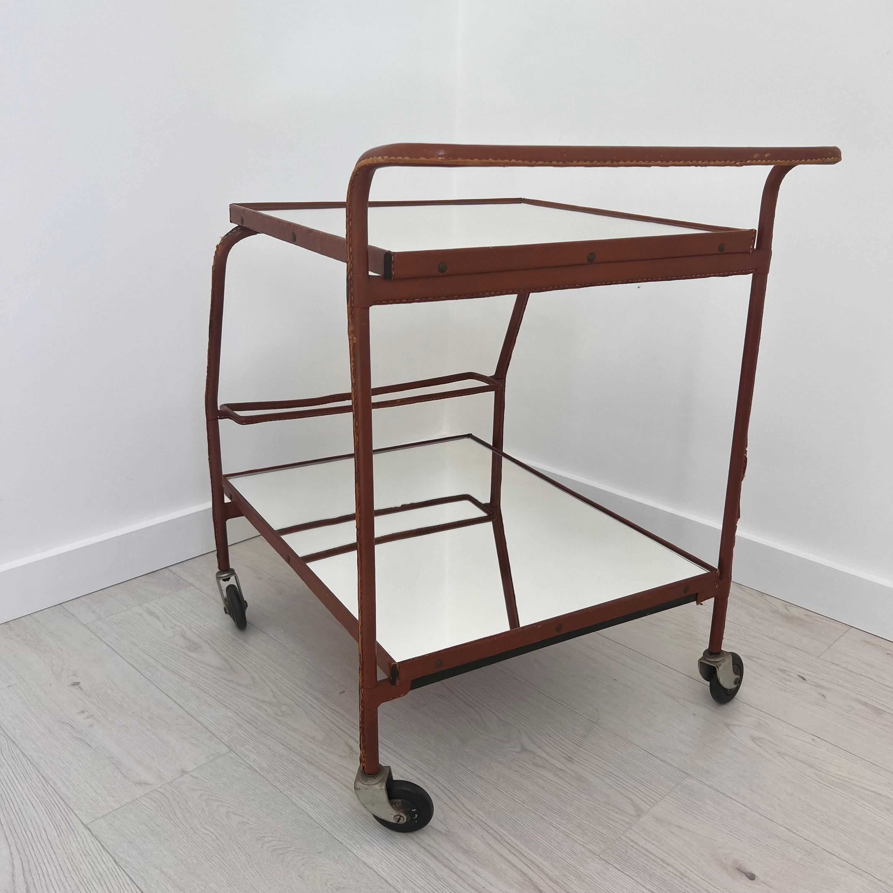 French Jacques Adnet Brown Leather Bar Cart, 1950s France For Sale