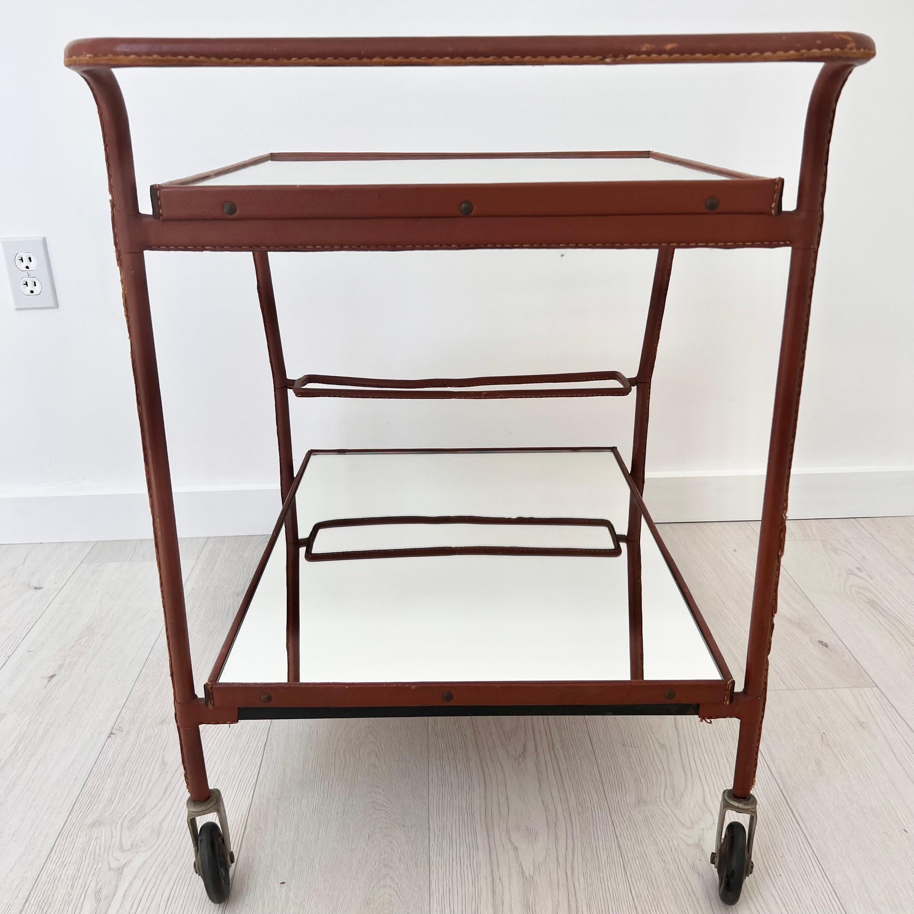 Jacques Adnet Brown Leather Bar Cart, 1950s France In Good Condition For Sale In Los Angeles, CA
