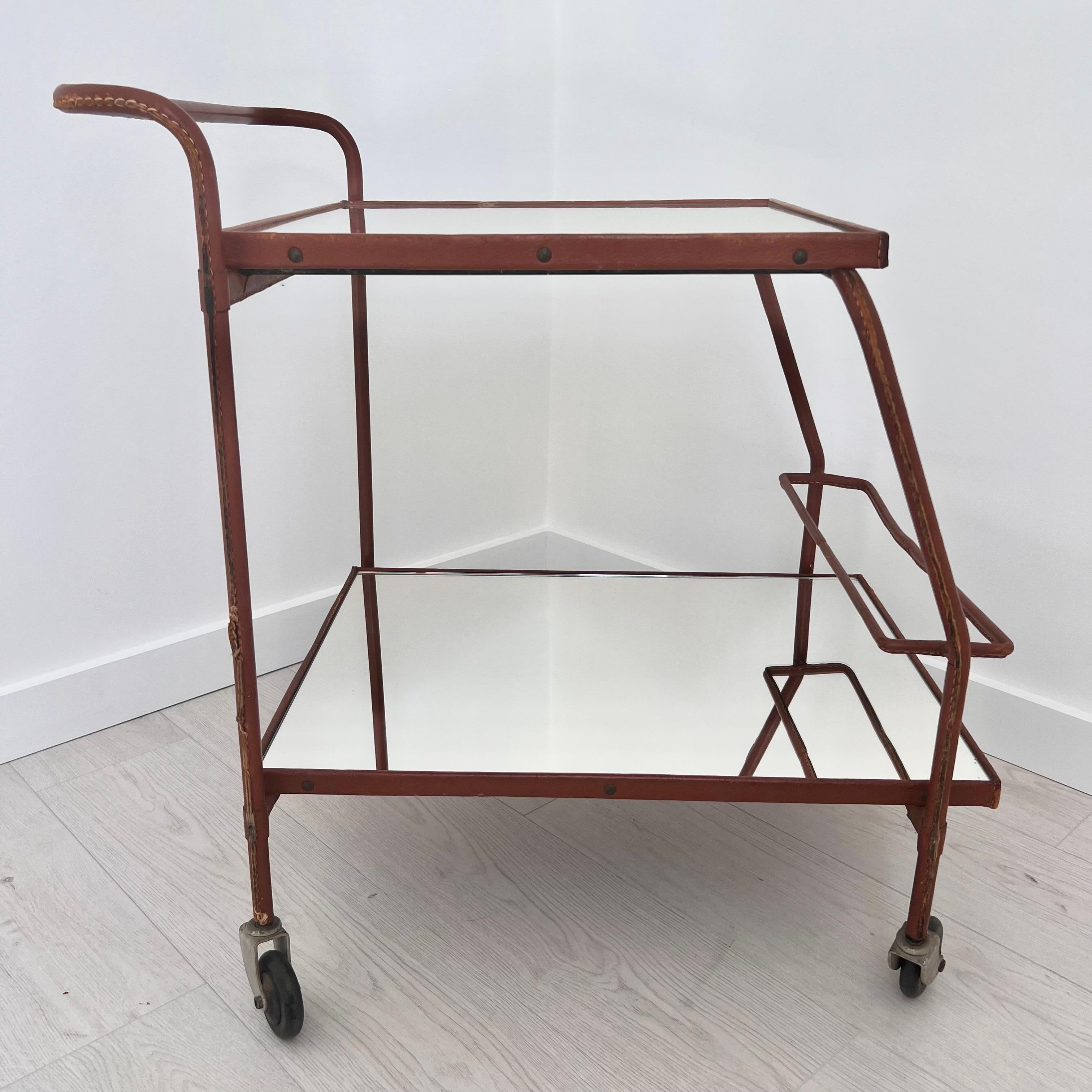 Mid-20th Century Jacques Adnet Brown Leather Bar Cart, 1950s France For Sale