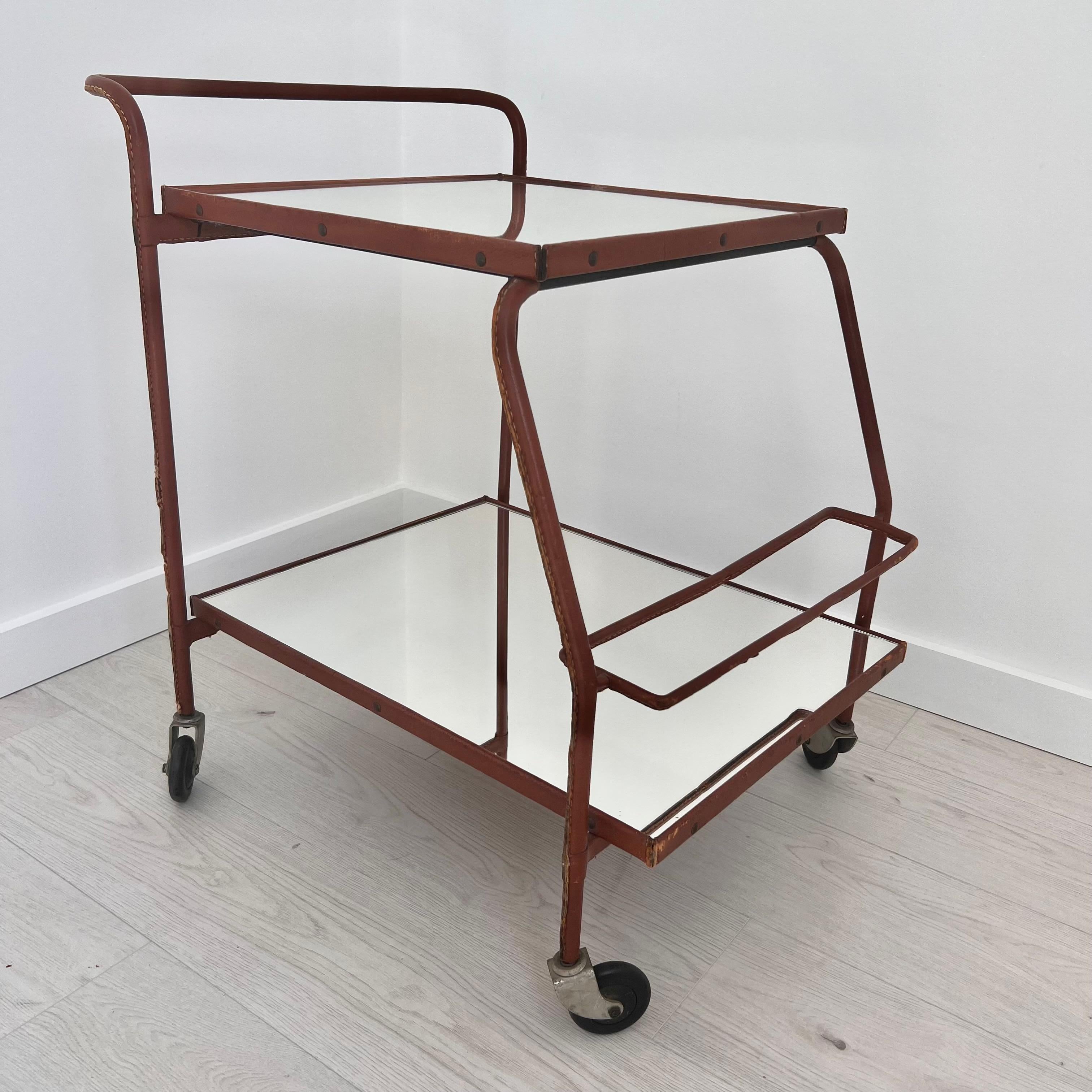 Metal Jacques Adnet Brown Leather Bar Cart, 1950s France For Sale