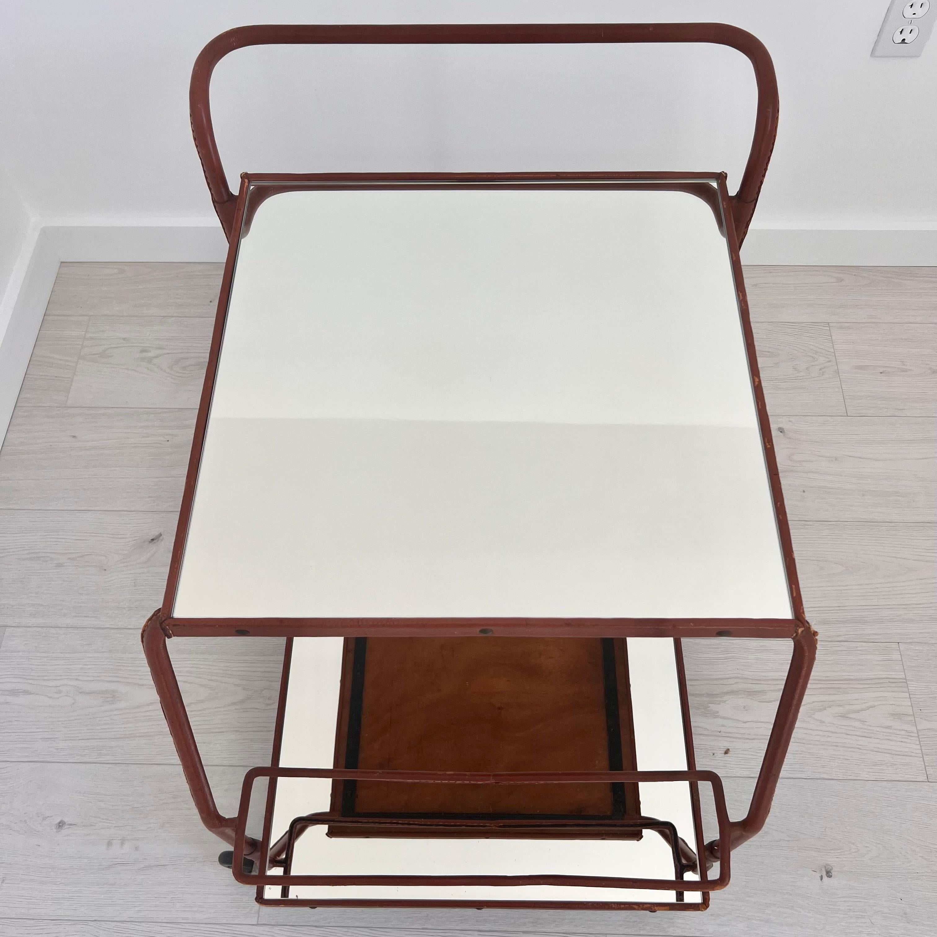 Jacques Adnet Brown Leather Bar Cart, 1950s France For Sale 2