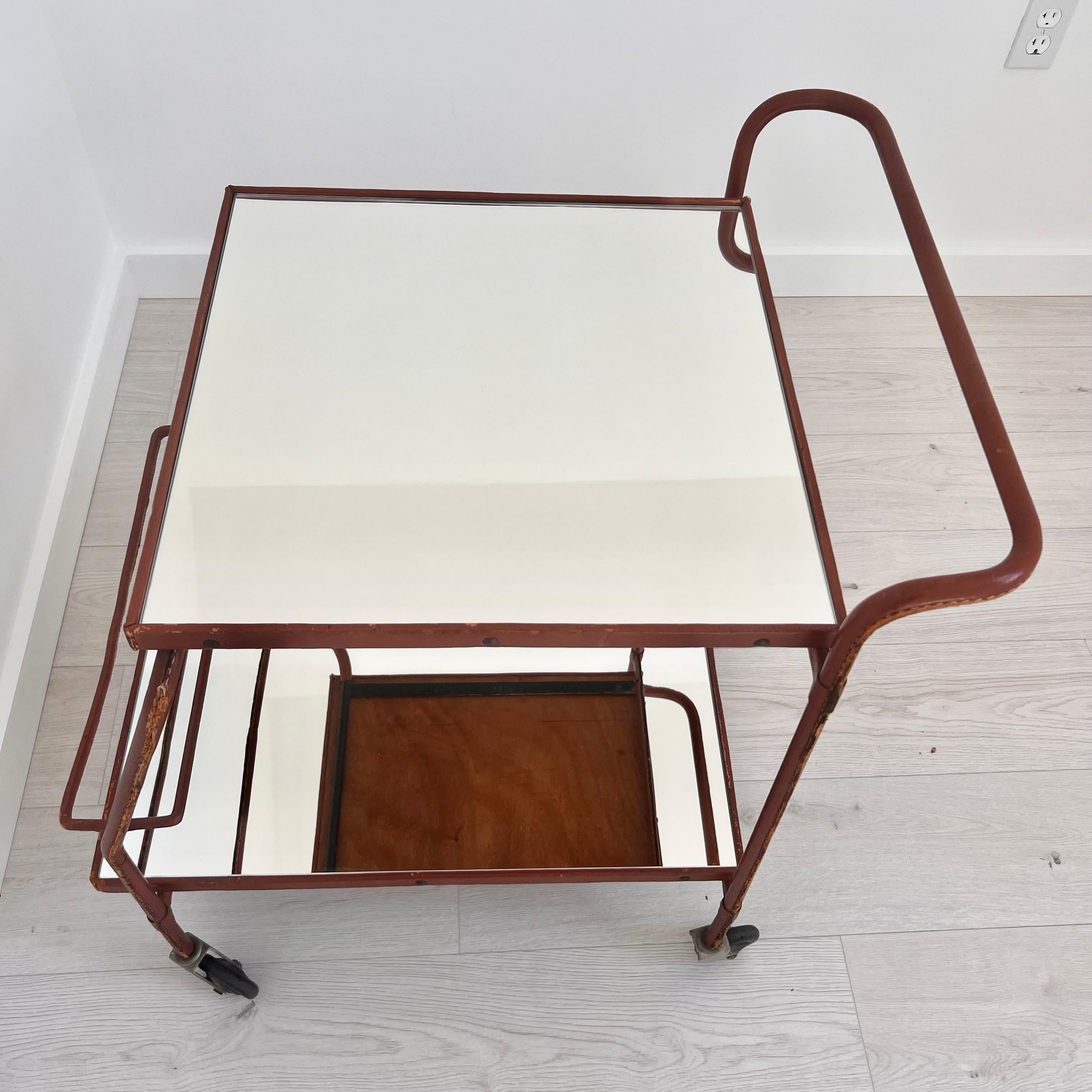 Jacques Adnet Brown Leather Bar Cart, 1950s France For Sale 3