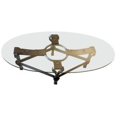 Jacques Adnet Brown Leather Center Table, Midcentury French Modern