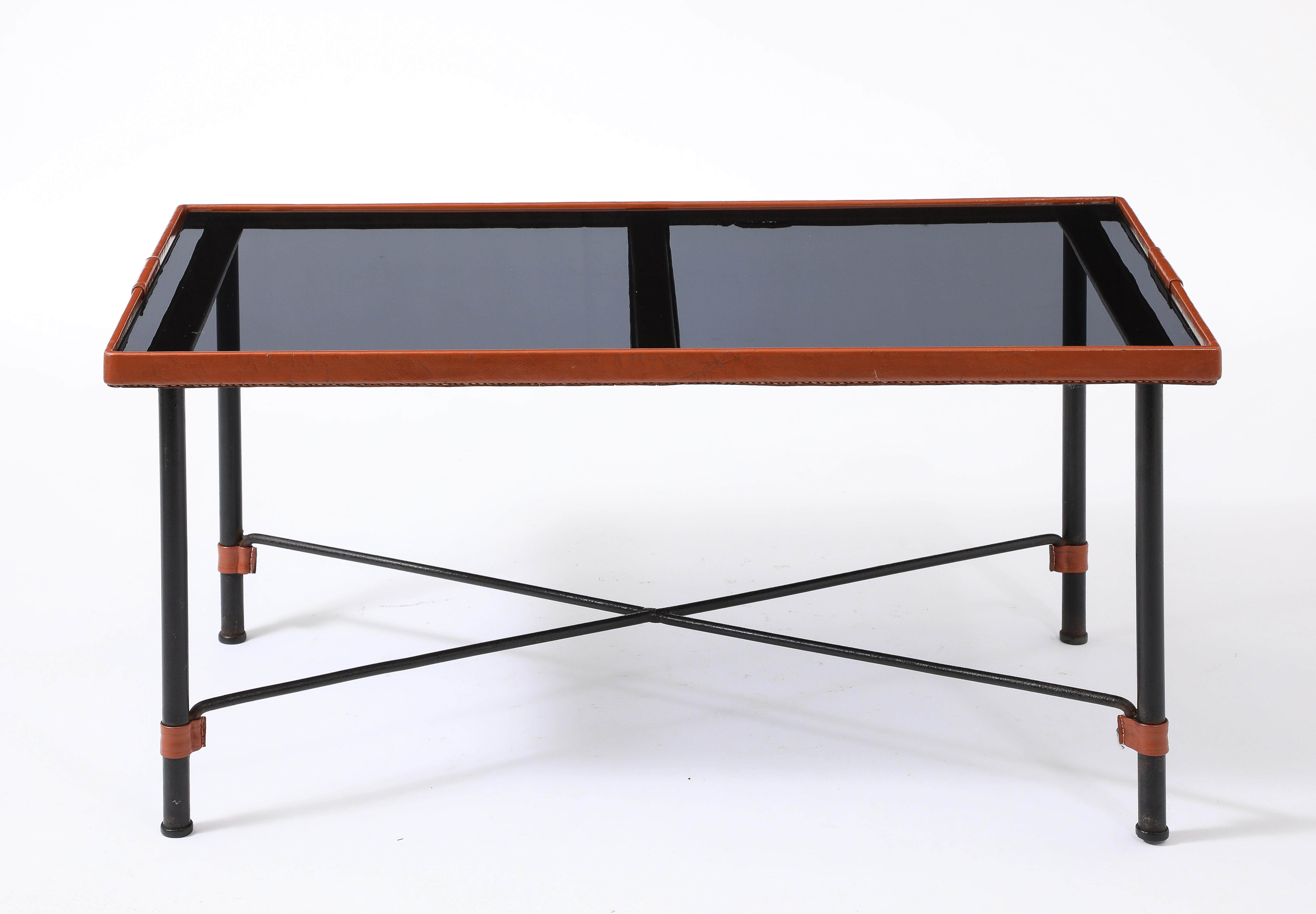 Jacques Adnet Brown Leather Coffee Table, France 1950's For Sale 4