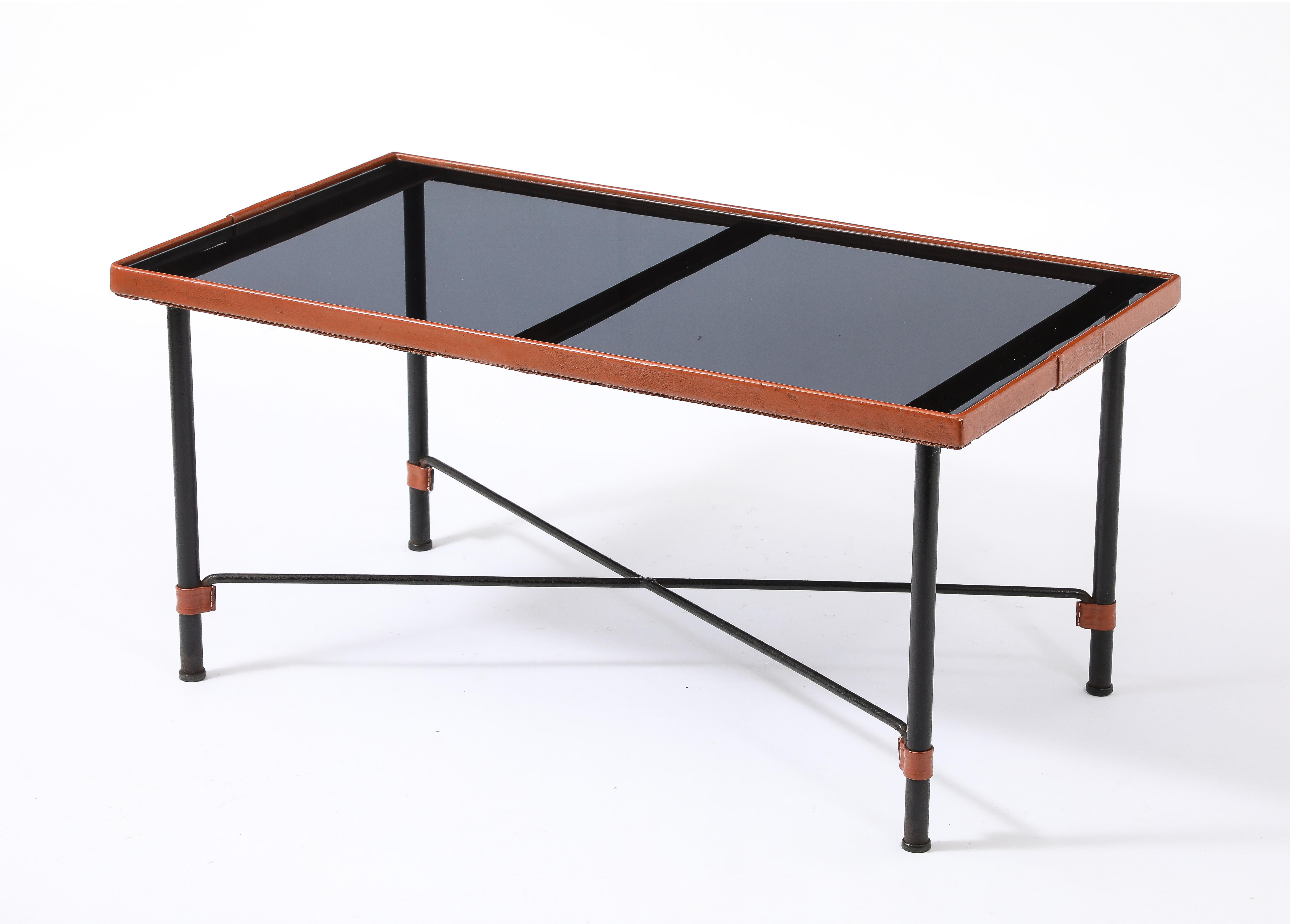 French Jacques Adnet Brown Leather Coffee Table, France 1950's For Sale