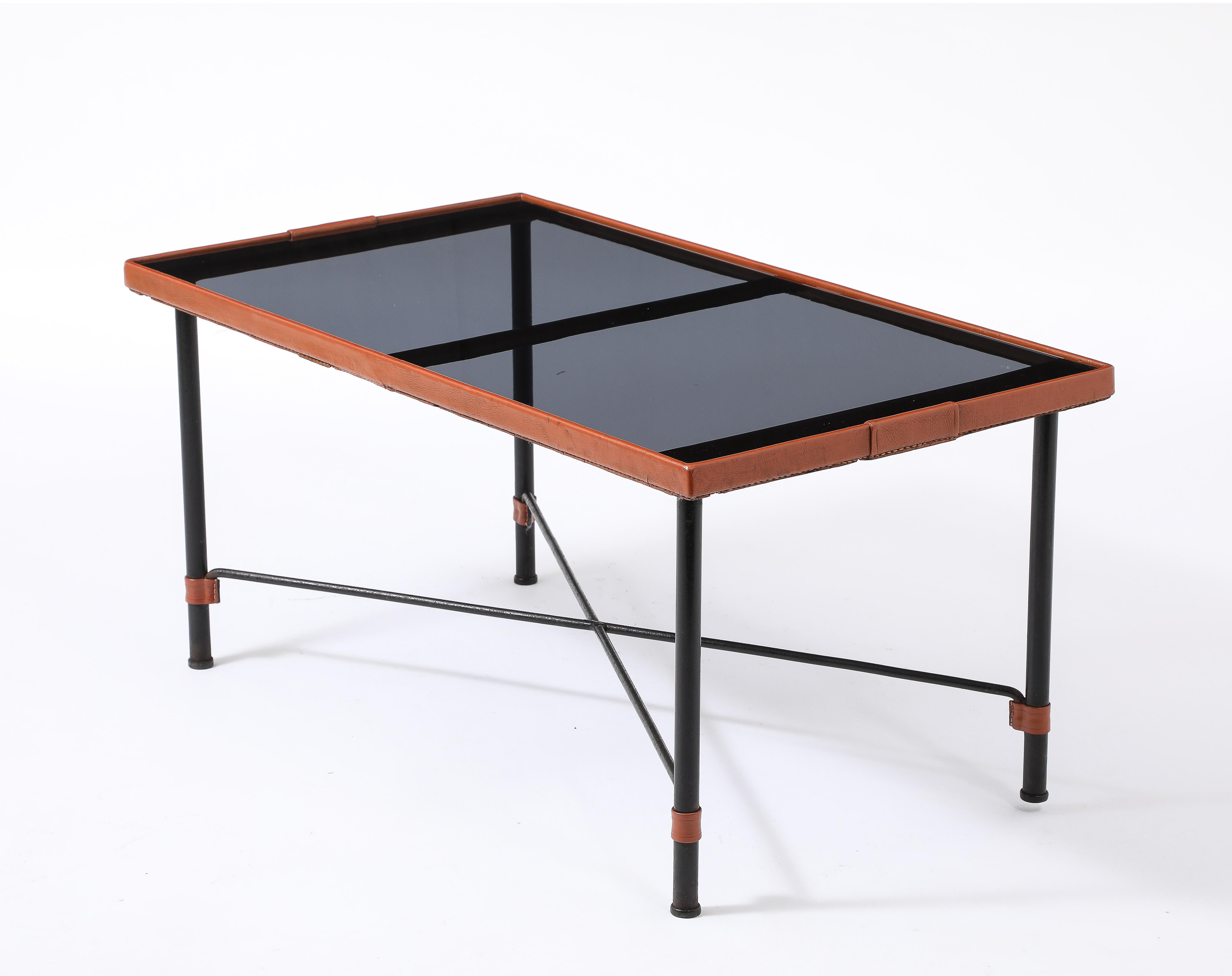 Jacques Adnet Brown Leather Coffee Table, France 1950's In Good Condition For Sale In New York, NY