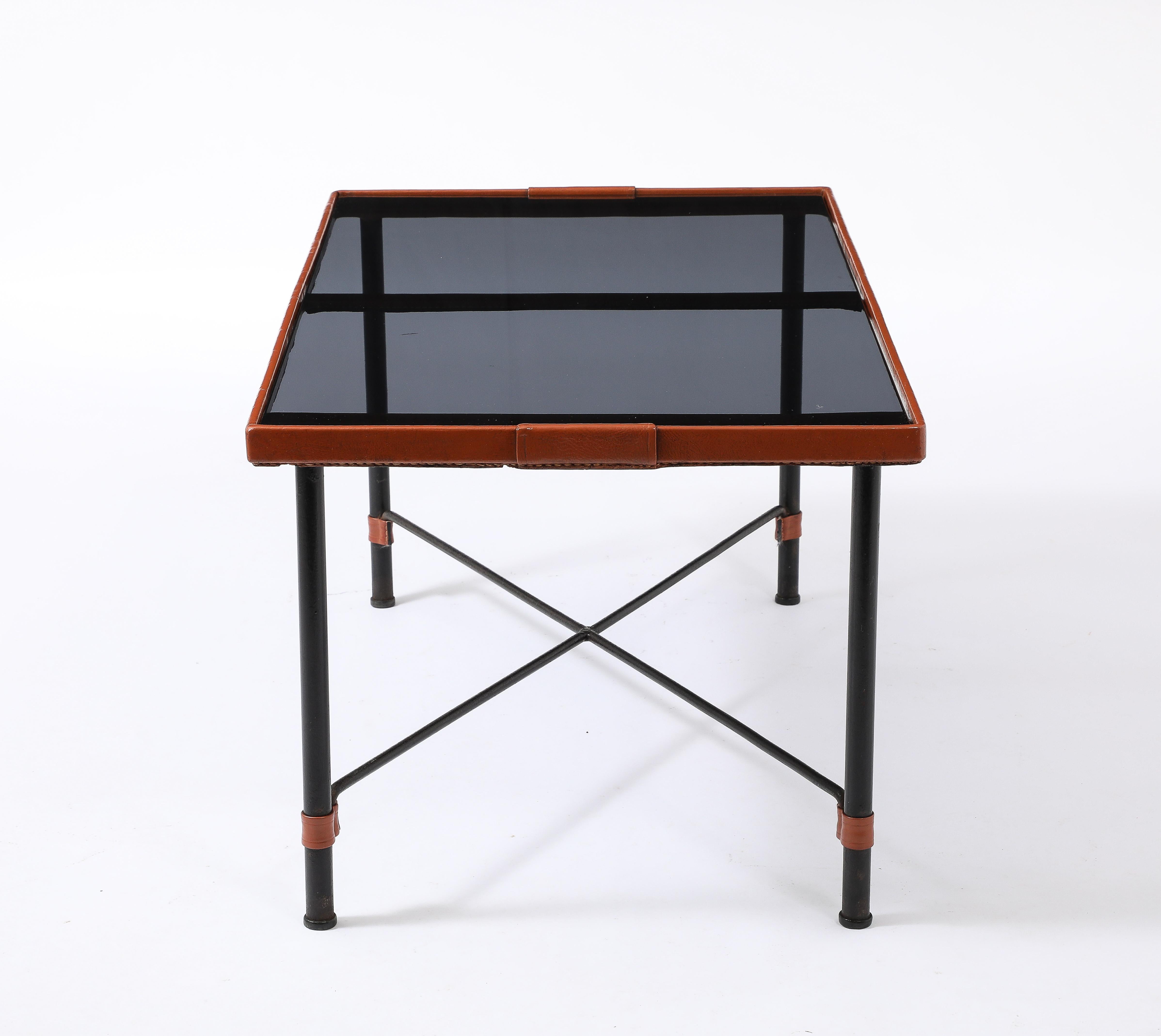 20th Century Jacques Adnet Brown Leather Coffee Table, France 1950's For Sale