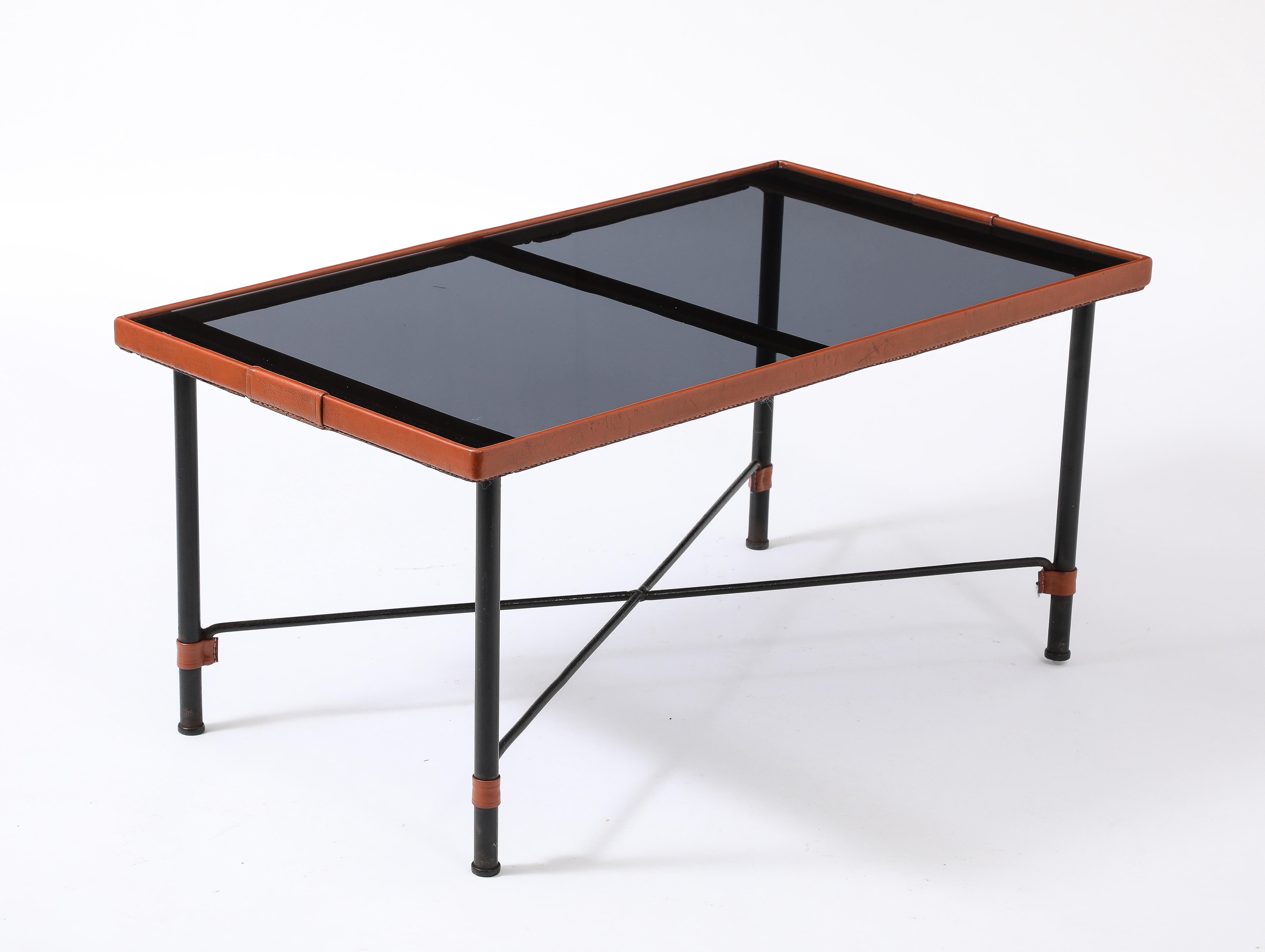 Jacques Adnet Brown Leather Coffee Table, France 1950's For Sale 1