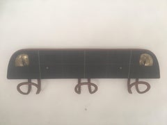 Jacques Adnet Brown Stitched Leather and Tartan Wool Coat Rack, French, 1950s