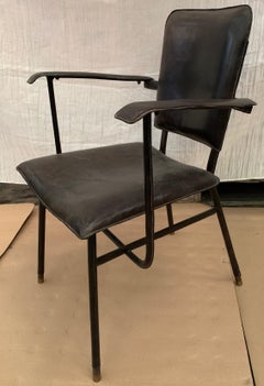 Jacques Adnet Brown Stitched Leather Armchair, Desk Chair, French, 1950