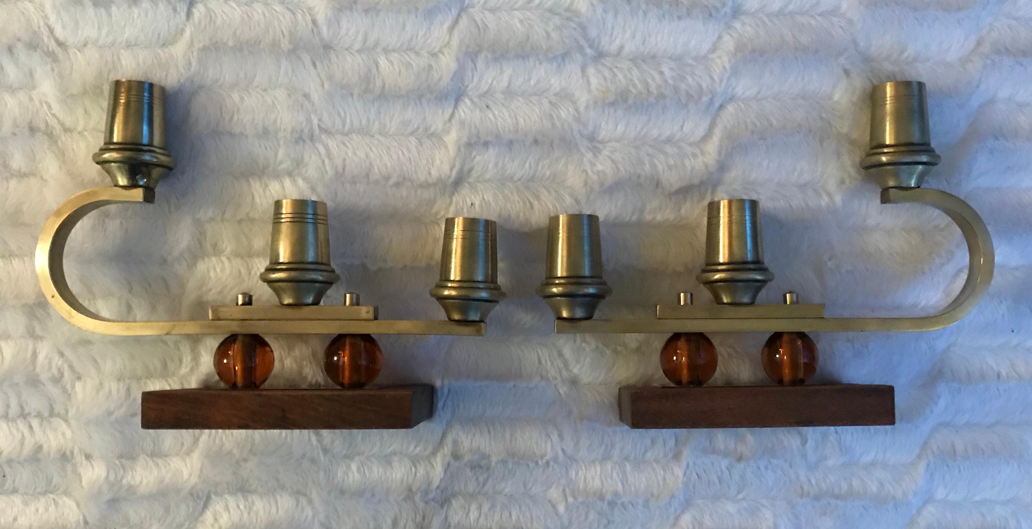 Jacques Adnet Candlesticks Wood Brass Glass French Mid Century Modern For Sale 4