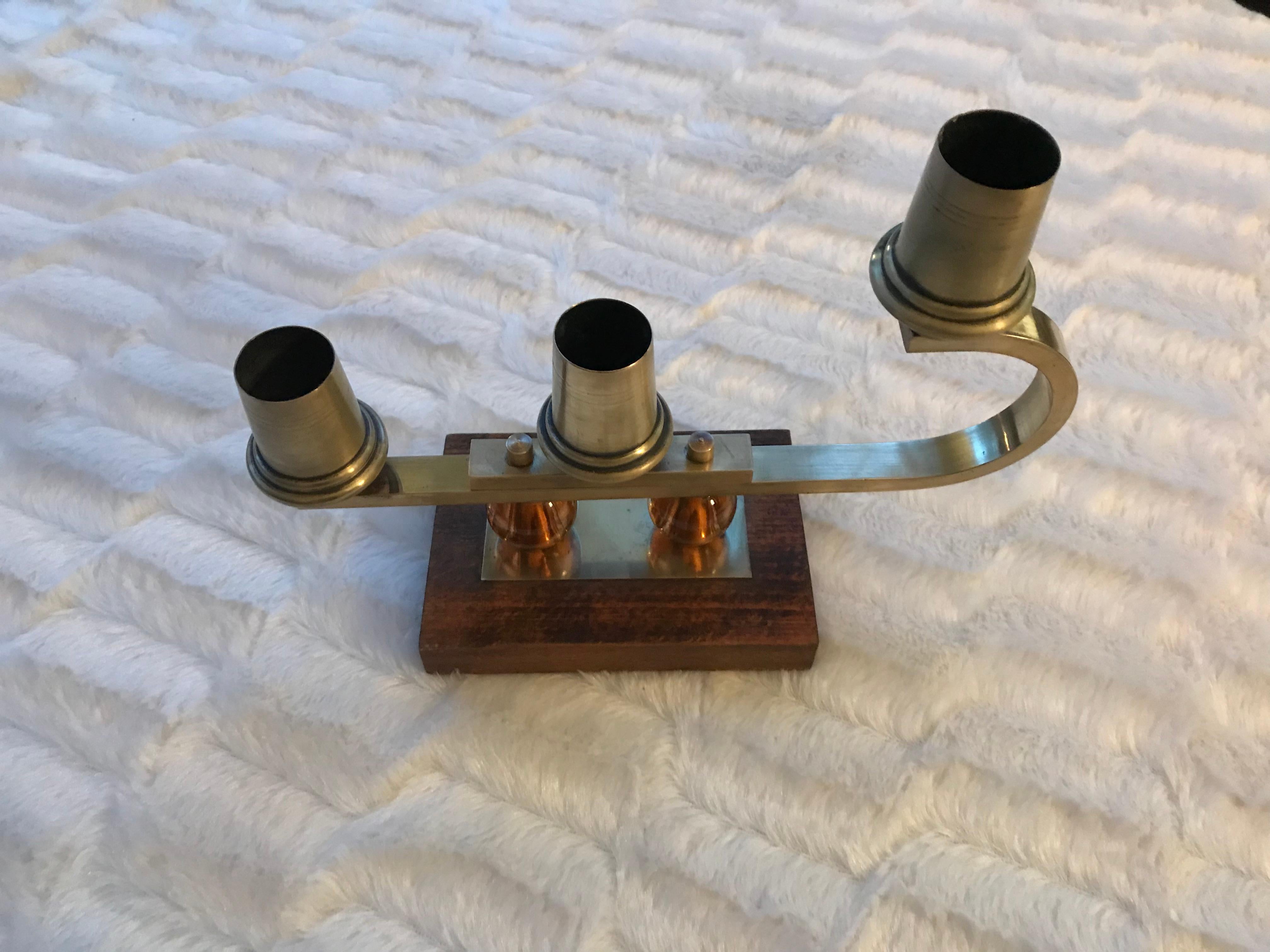 Gilt Jacques Adnet Candlesticks Wood Brass Glass French Mid Century Modern For Sale