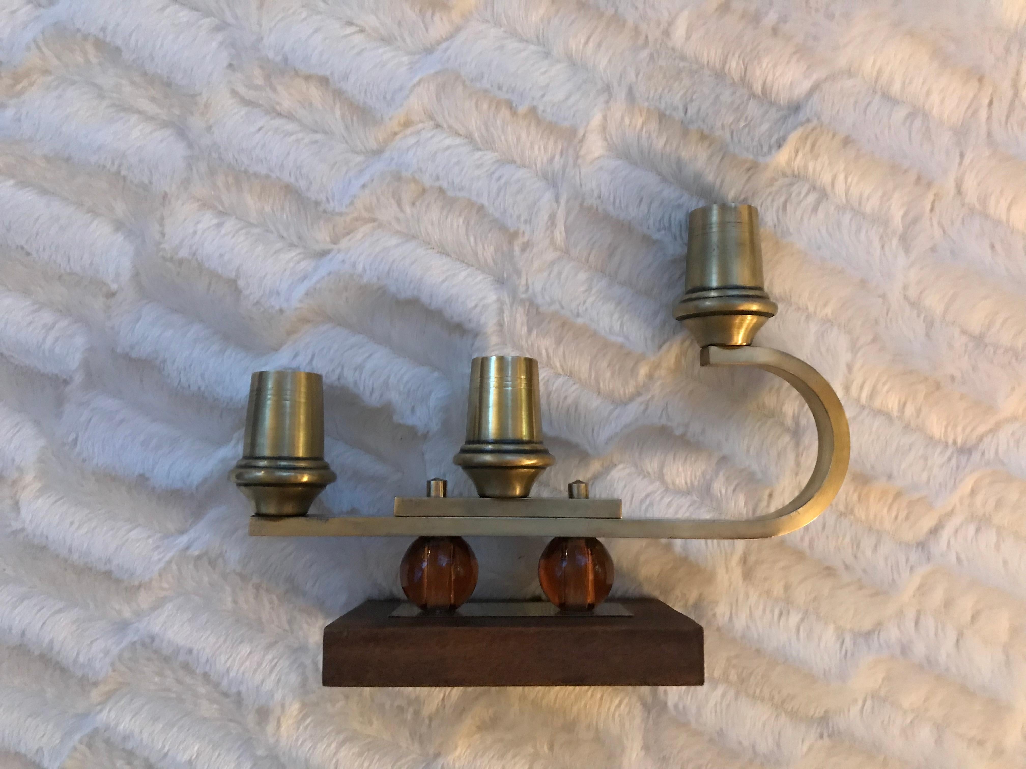 Jacques Adnet Candlesticks Wood Brass Glass French Mid Century Modern In Good Condition For Sale In Paris, FR