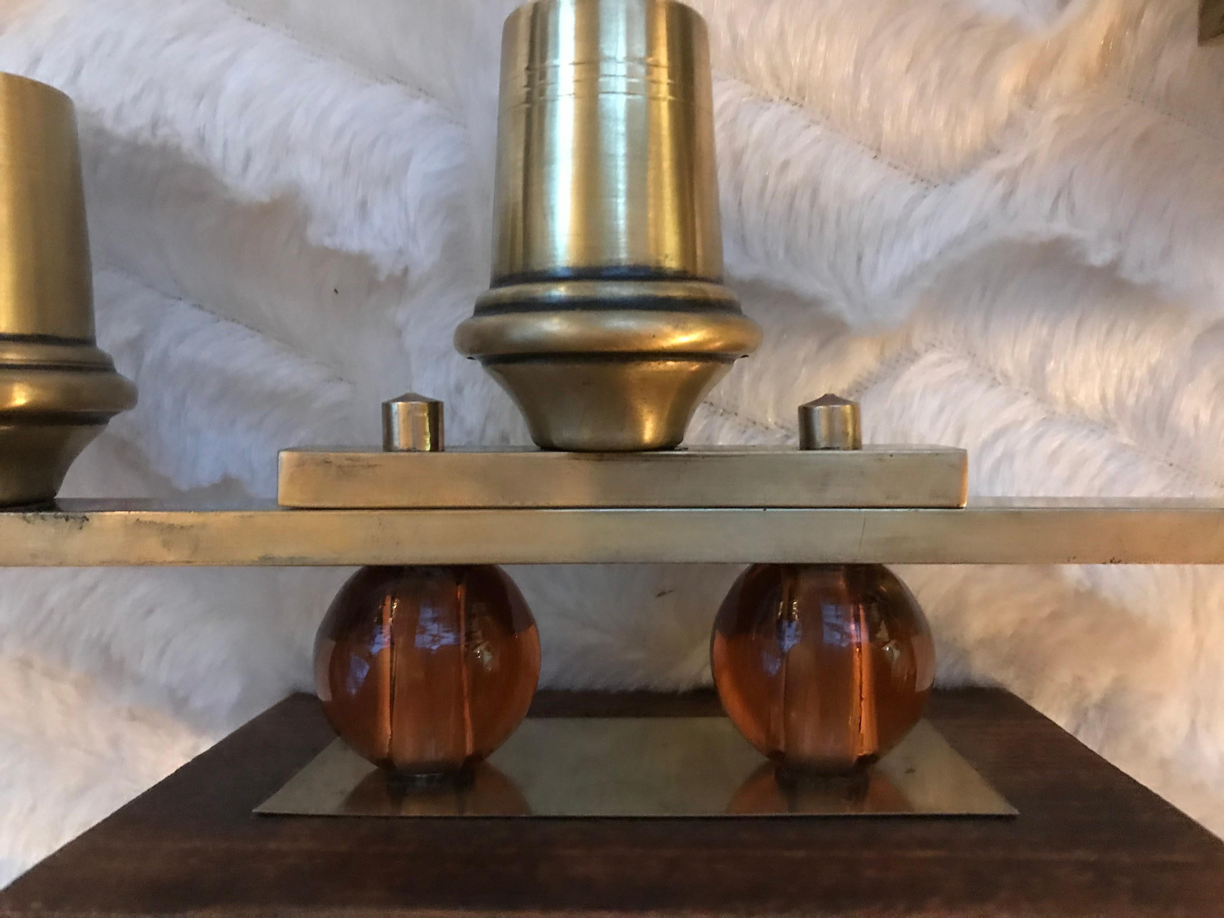 Jacques Adnet Candlesticks Wood Brass Glass French Mid Century Modern For Sale 1