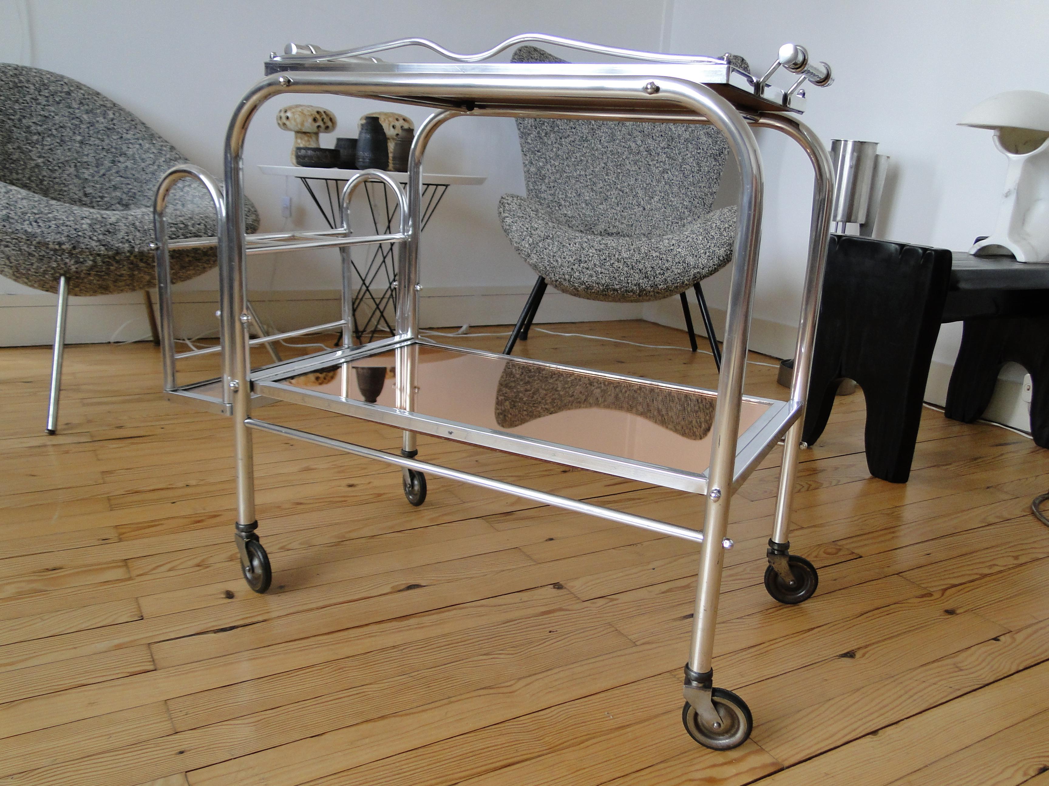 Metal Jacques Adnet Cart Bar Trolley Tea Table For Sale